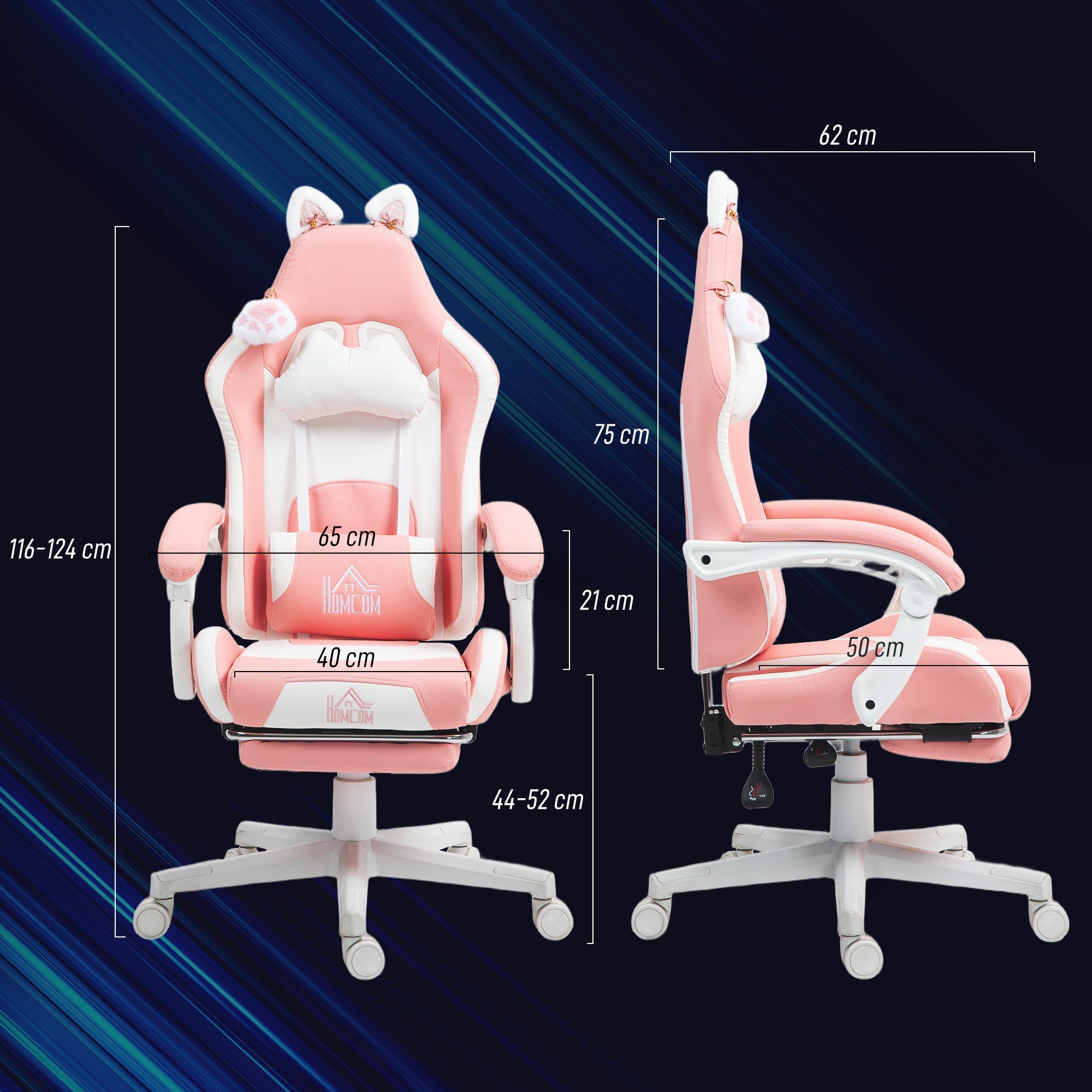 EasyComfort Gamingstoel ergonomisch met kattenoren en voetensteun, roze