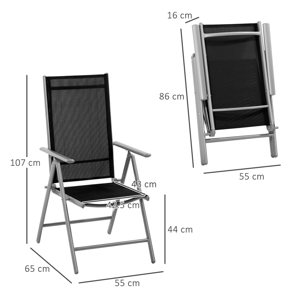 EASYCOMFORT Folding Garden Chair in Aluminum and Texteline, 7-Level Adjustable Backrest, Black 65x55x85-105cm