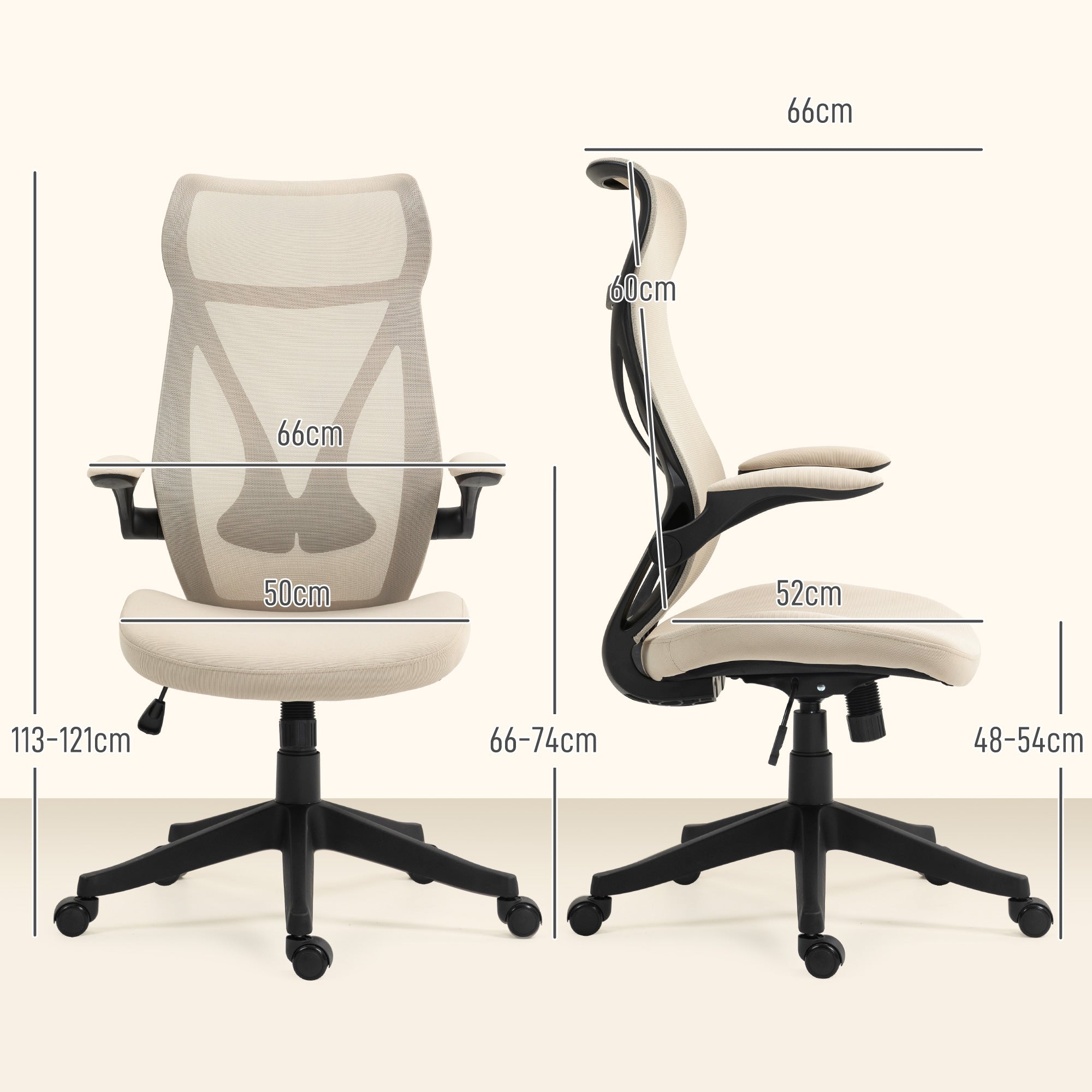 EasyComfort Bureaustoel met Inklapbare Armleuningen, Verstelbare Hoogte, Beige