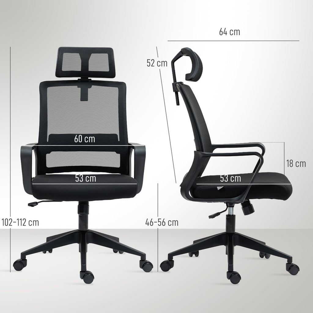 EasyComfort Sedia ergonomische bureaustoel met hoofdsteun, kantel- en wielen, zwart