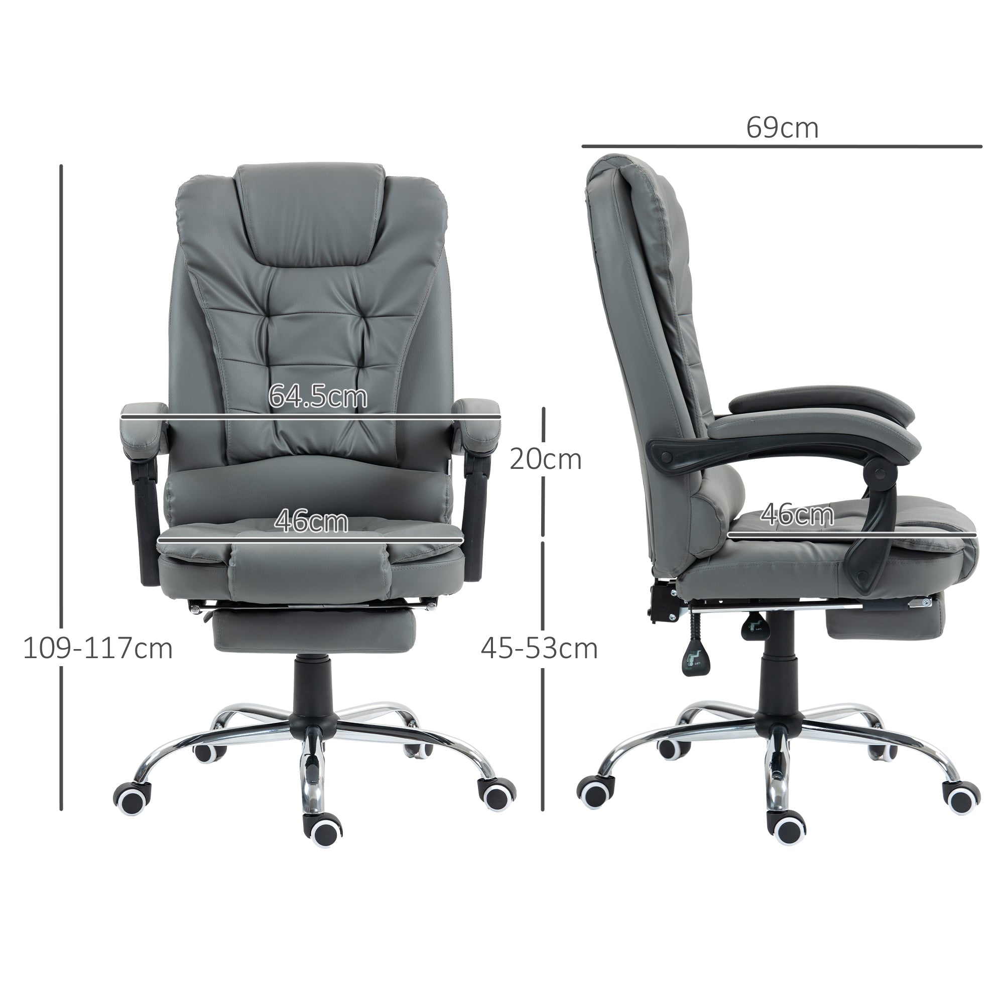 EasyComfort Sedia da Ufficio Ergonomica Reclinabile a 145° con Poggiapiedi Estraibile in Finta Pelle, Grigio