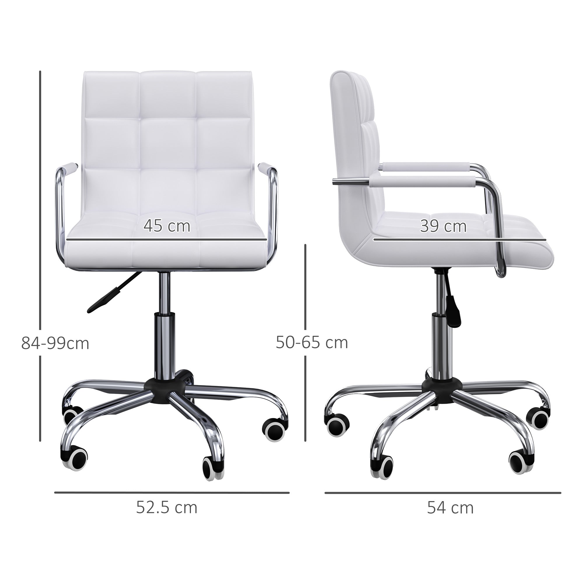 Easycomfort Sedia da Ufficio in pelle PU Bianca with 5 Ruote Girevoli, Imbottitura e Altezza Regolabile, 52.5x54x84-99cm