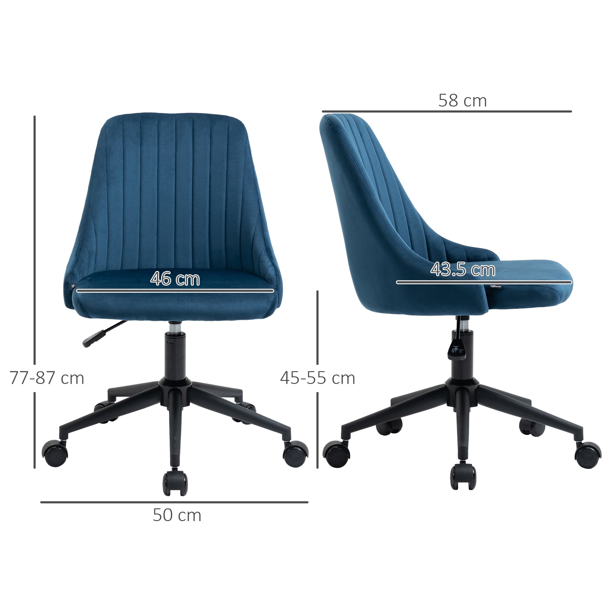 Easycomfort Sedia da Ufficio in Velluto Blu with Altezza Regolabile, Sedia Ergonomica Girevole a 360° e Ruote, 50x58x77-87cm