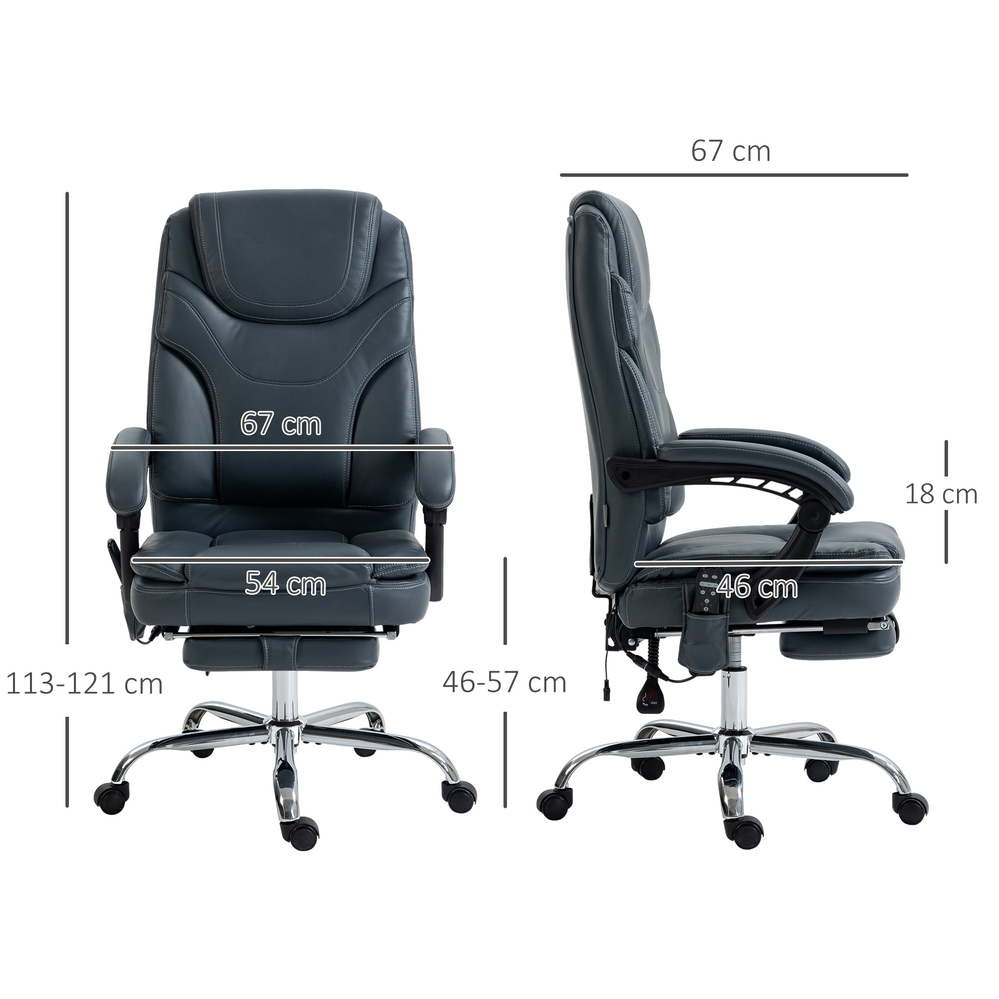 EasyComfort Sedia da Ufficio Massaggiante e Riscaldante with Poggiapiedi, in Pelle PU e Acciaio, 67x67x113-121 cm, Grigio