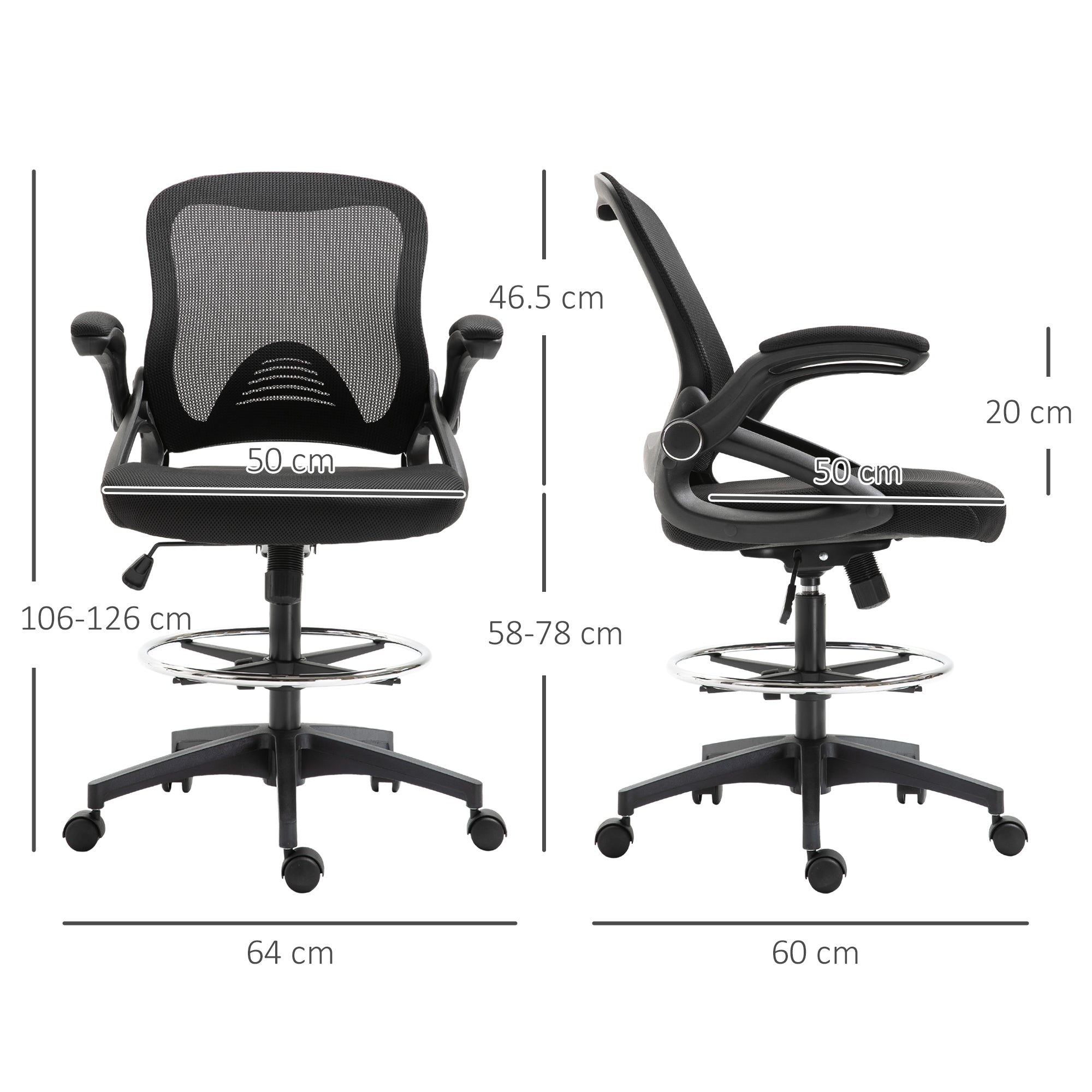EasyComfort bureaustoel, ademend, in hoogte verstelbaar, 64x60x106-126 cm, zwart