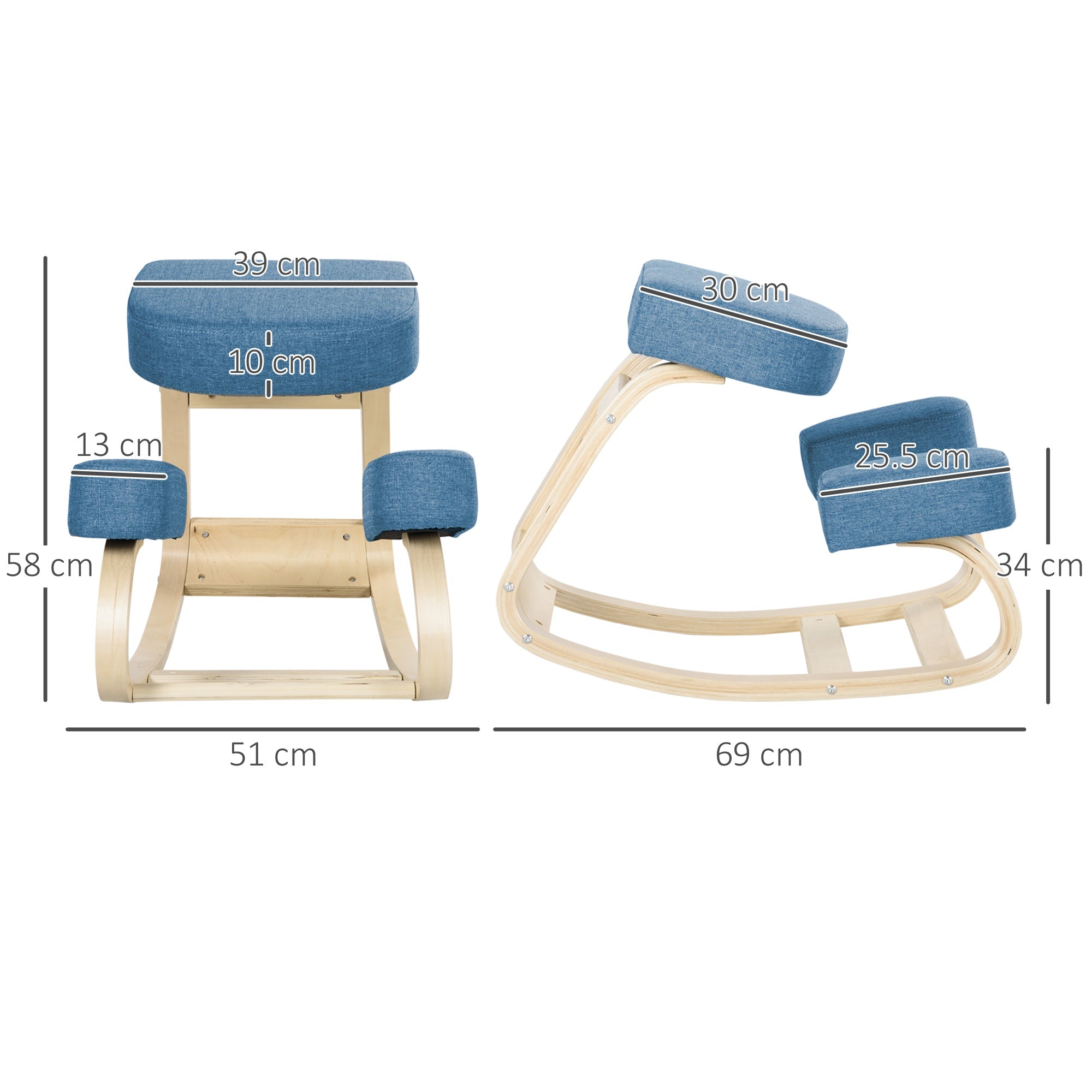EasyComfort Sedia Ergonomica knielstoel – berkenhout, 51x69x58 cm, blauw