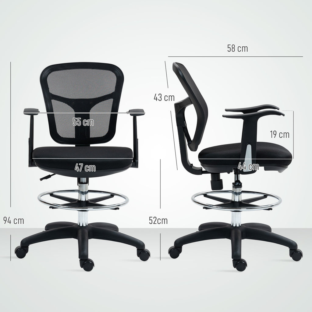 EasyComfort Sedia Girevole con Anello Poggiapiedi e Schienale Ricurvo, in Poliestere, Schiuma e Plastica, 55x58x94 cm, Nero
