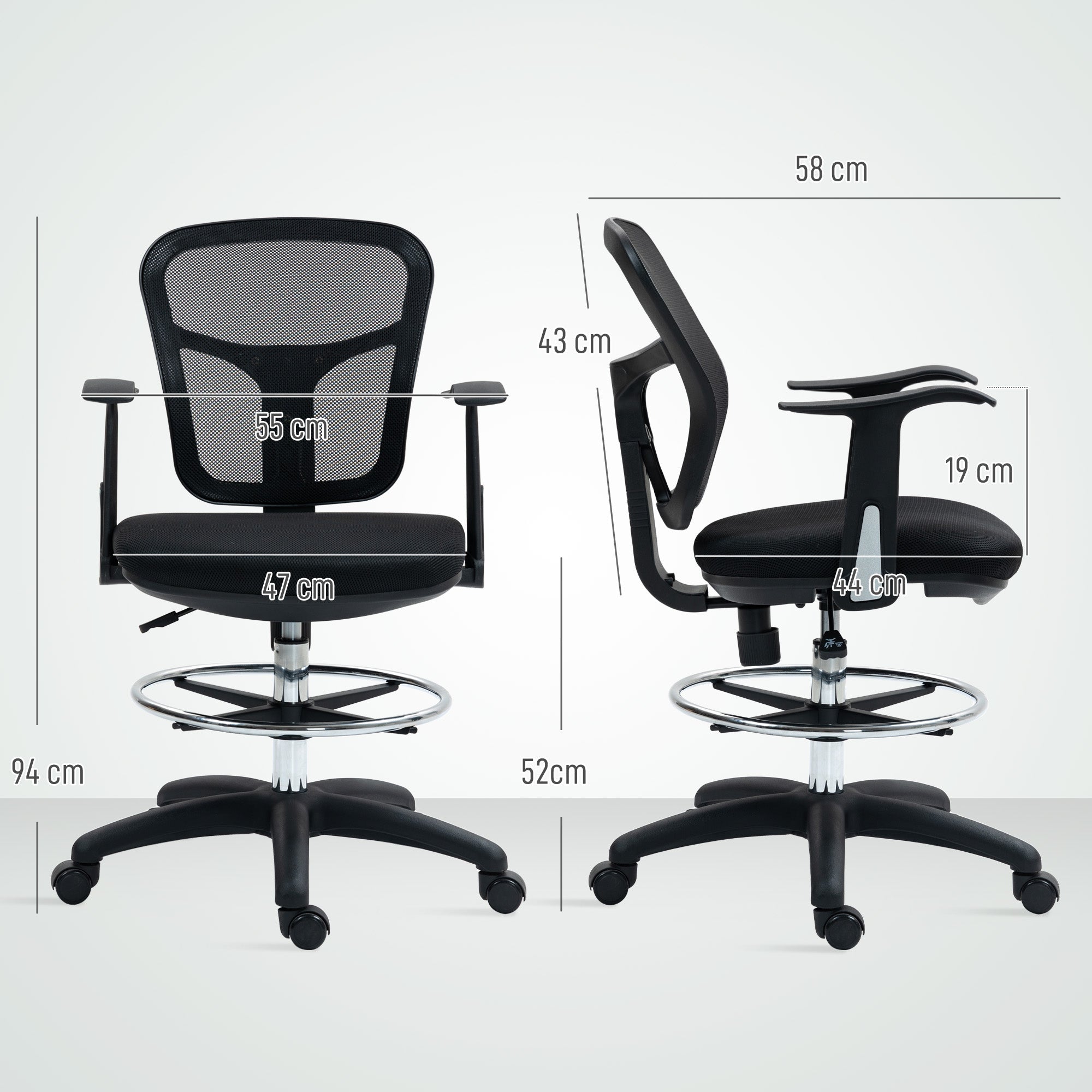 EasyComfort Sedia Girevole con Anello Poggiapiedi e Schienale Ricurvo, in Poliestere, Schiuma e Plastica, 55x58x94 cm, Nero