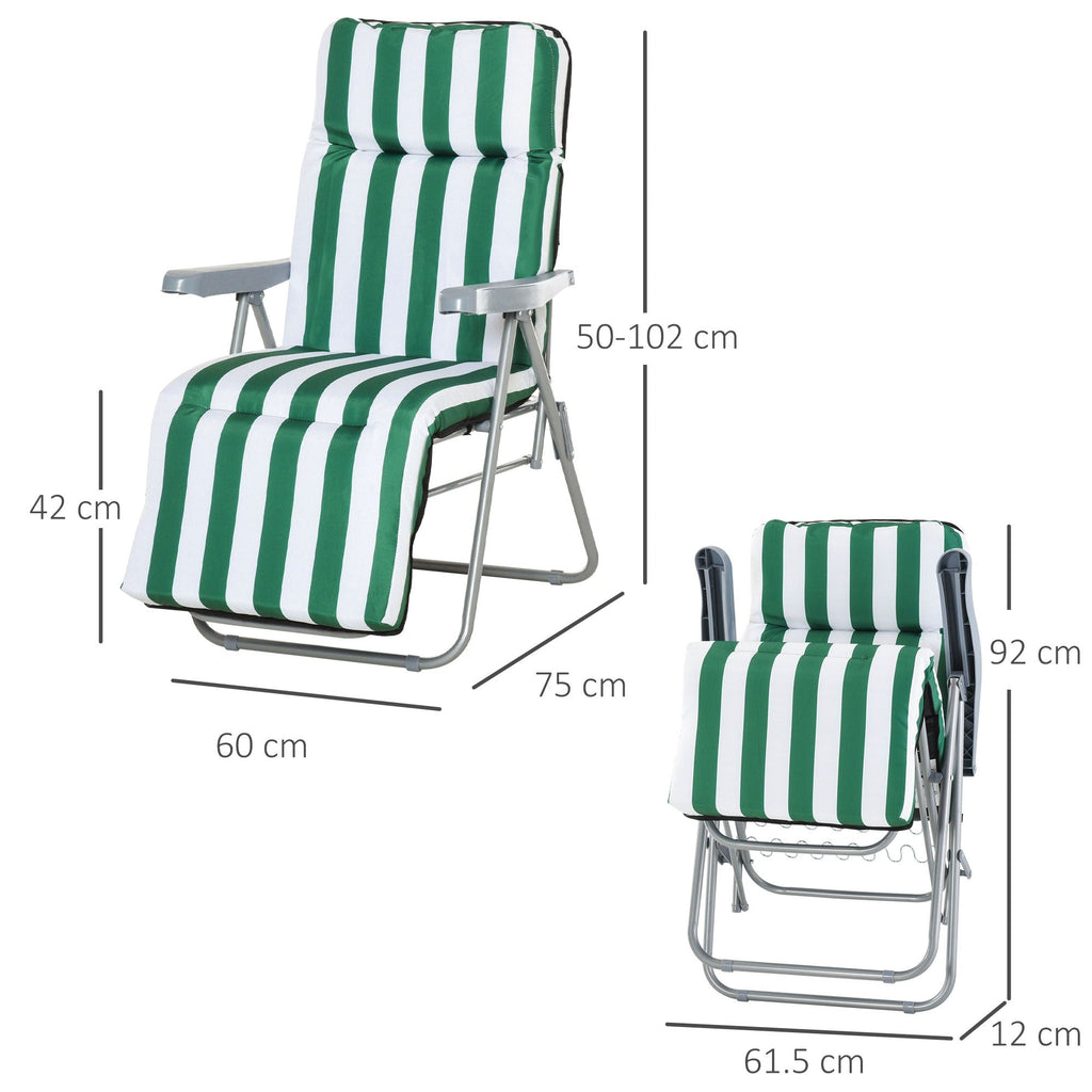 EASYCOMFORT 2-Piece Folding and Reclining Beach Deck Chair, Garden Sun Loungers with Padded Cushion, Green and White