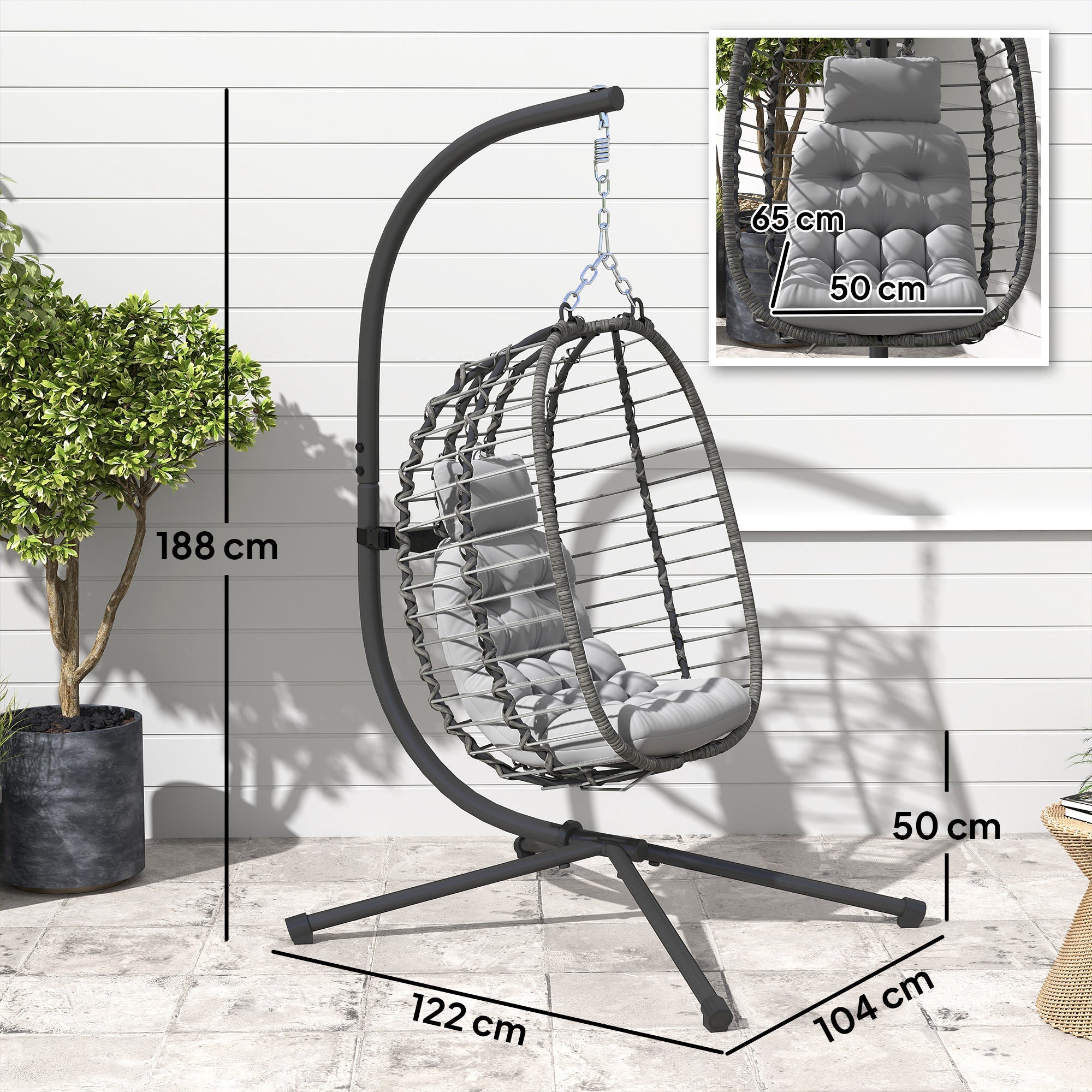 EasyComfort Sedia Sospesa in Rattan a Uovo con Cuscino e Poggiatesta, Altezza Regolabile e Seduta Richiudibile, Grigio