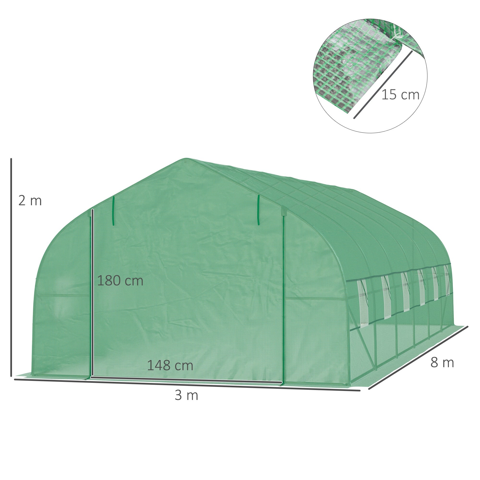 Easycomfort Serra da Giardino a Tunnel 8x3x2m in PE e Acciaio with Porta Avvolgibile e Finestre, Verde