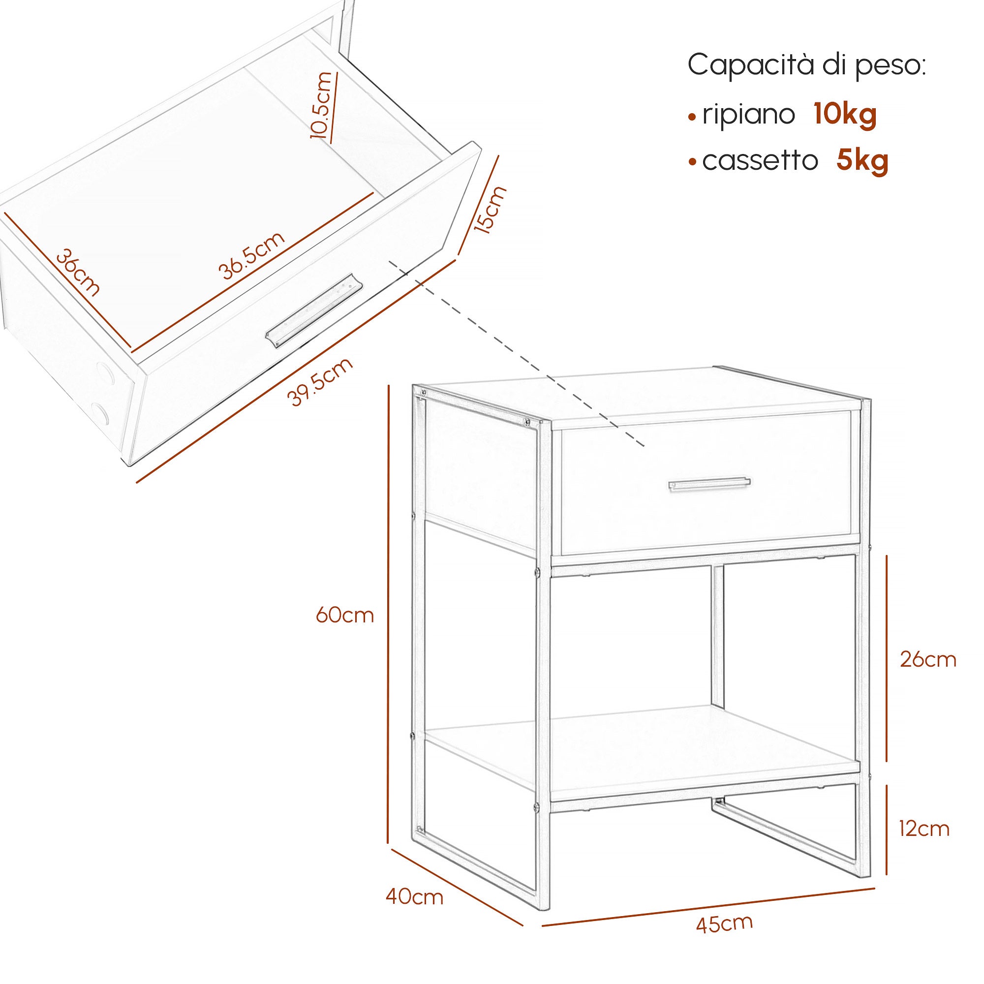 EasyComfort Set van 2 moderne nachtkastjes met lade en open plank, 45x40x60 cm, wit/goud