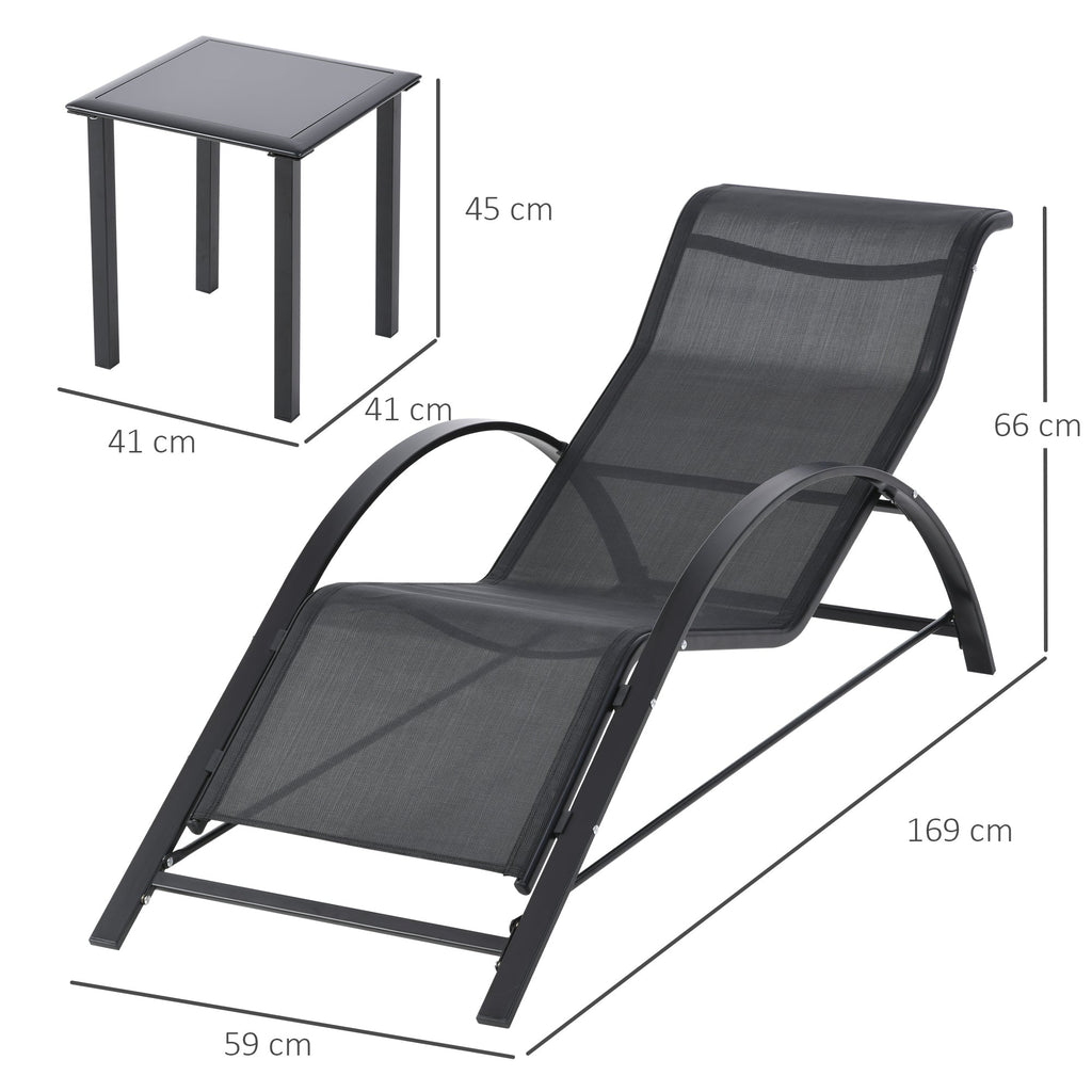 EasyComfort Set 2 ligstoelen en bijzettafel met plank, 59x169x66 cm, zwart