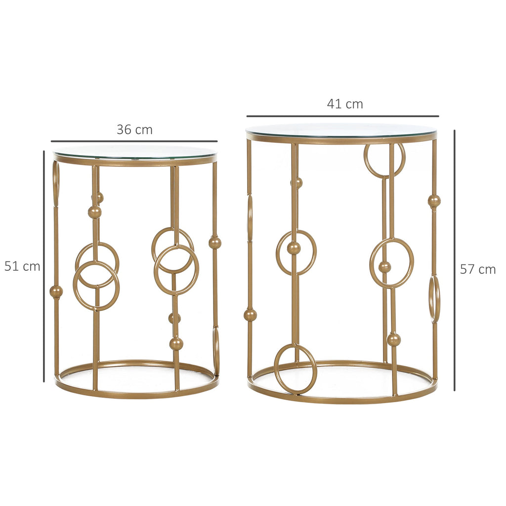 Easycomfort Set 2 Pezzi Tavolini da Caffè Design Elegante with Motivi a Cerchio, Metallo e Vetro Temperato Φ41x57cm & Φ36x51cm, Oro