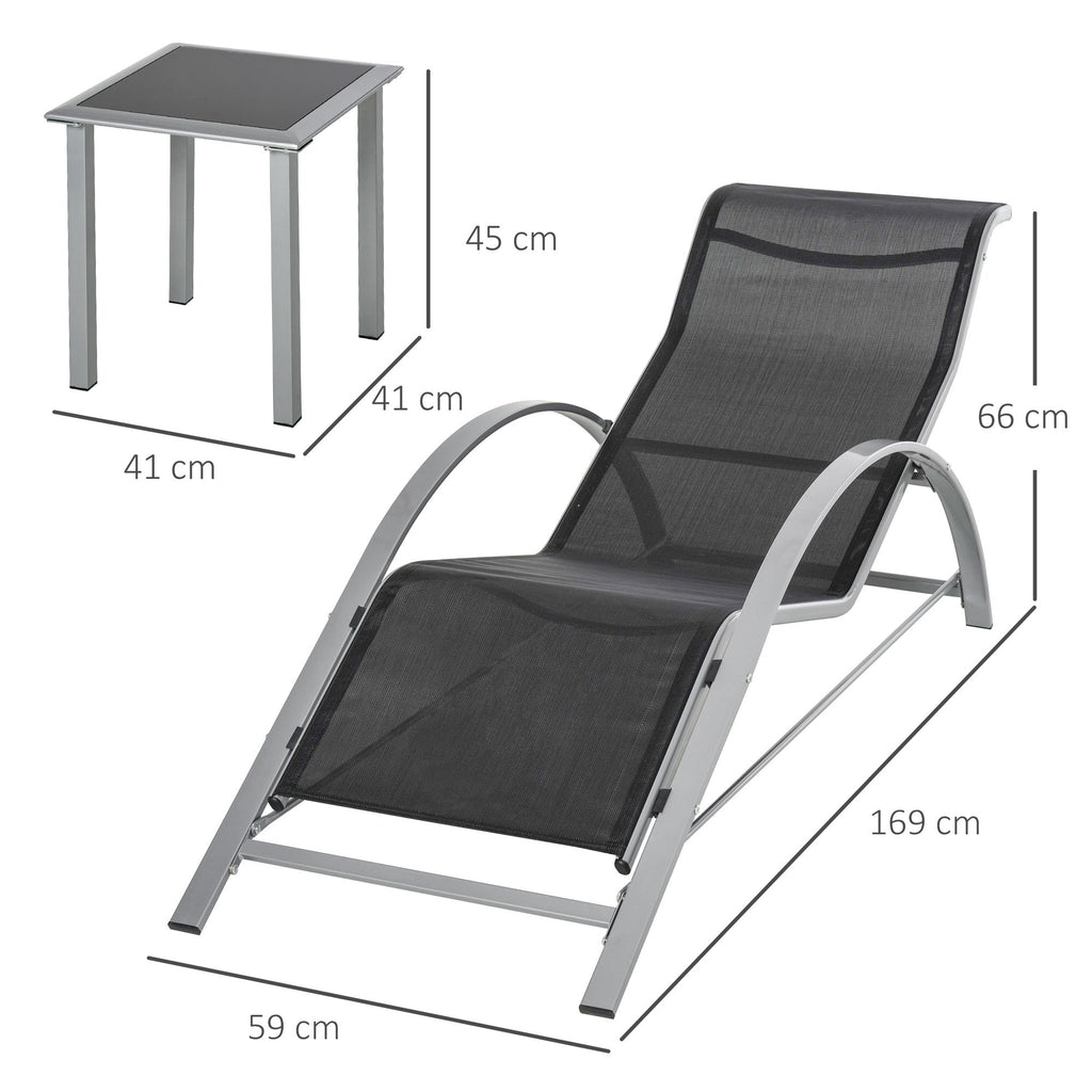 Easycomfort Set 2 Sdraio da Giardino e Tavolino with Vetro, Lettino Prendisole with Tessuto Traspirante 59 x 169 x 66cm, black Grigio
