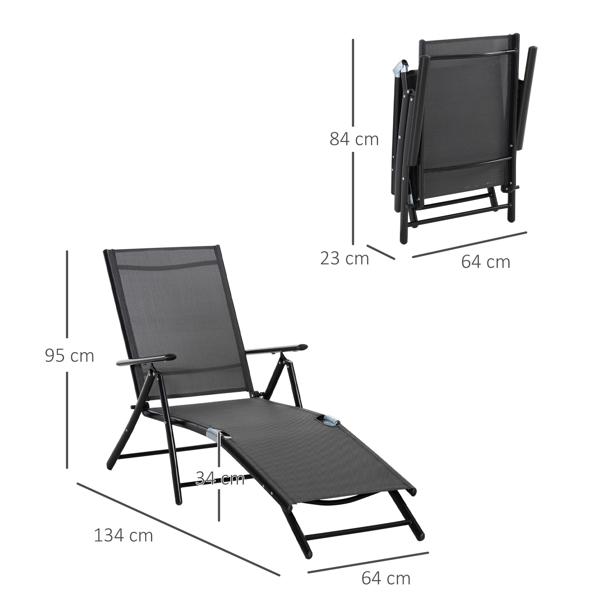 EASYCOMFORT Set van 2 inklapbare ligstoelen, 7-standen, zwart