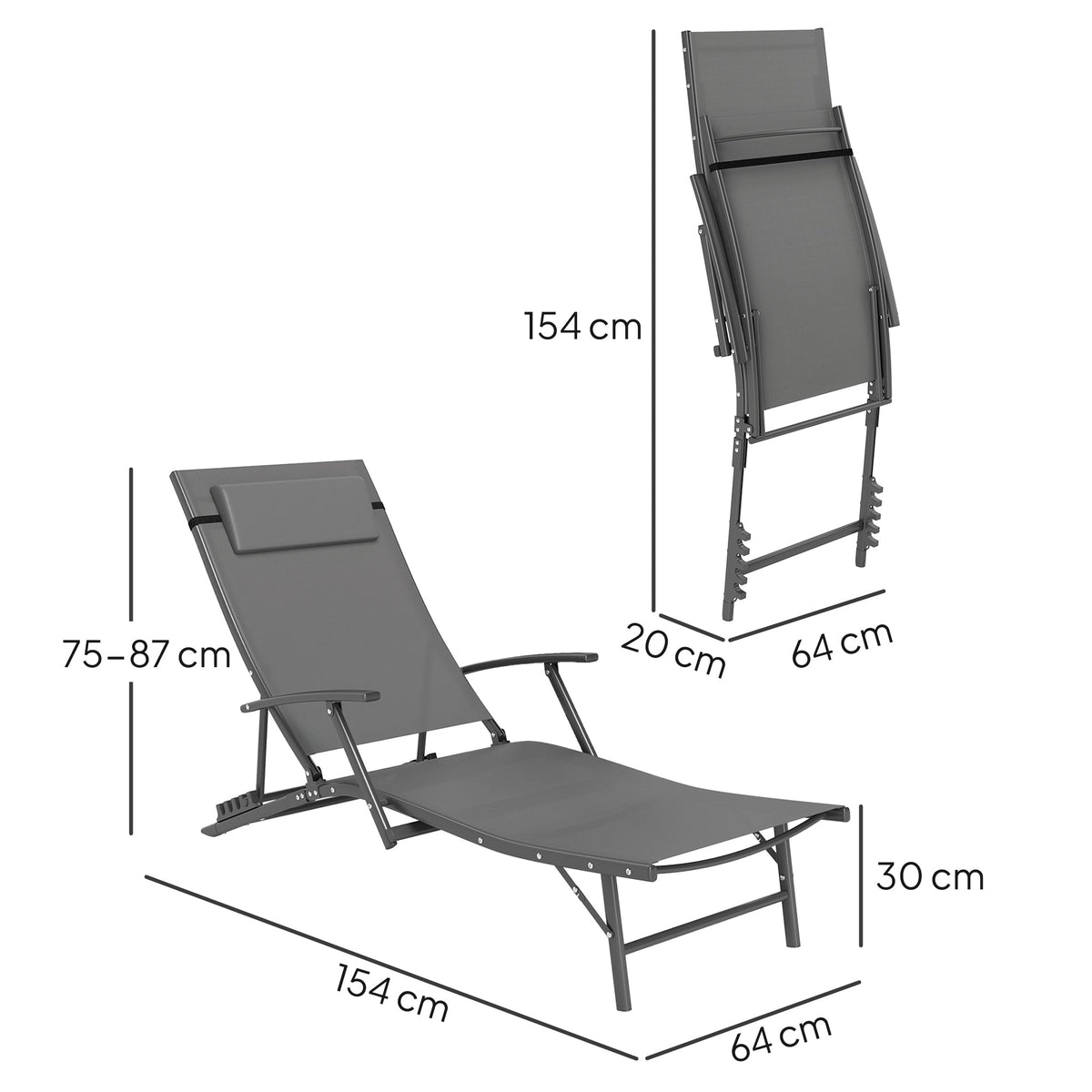 EasyComfort Set 2 inklapbare tuinligstoelen, 4-standen rugleuning, grijs