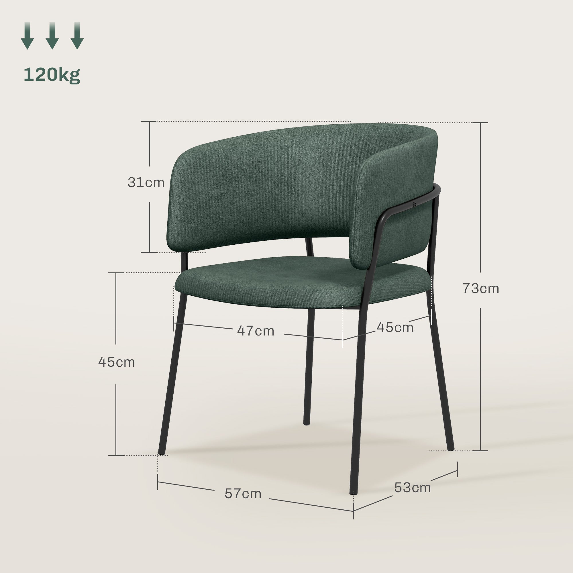 EasyComfort Set 2 Sedie per Cucina Imbottite, in Tessuto Effetto Velluto e Acciaio, 57x53x73 cm, Verde