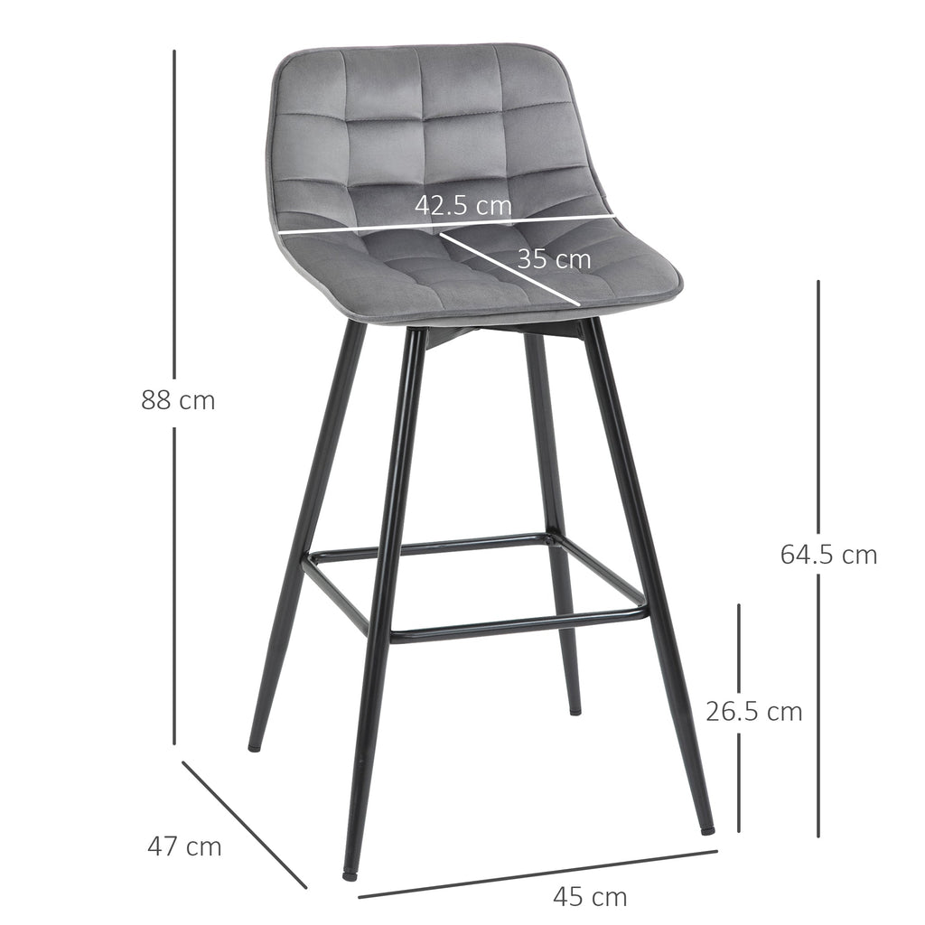 EasyComfort Set 2 Sgabelli Alti da Bar with Sedie Imbottite e Poggiapiedi Stile Nordico, with schienale in Velluto, 45x47x88cm, Grigio