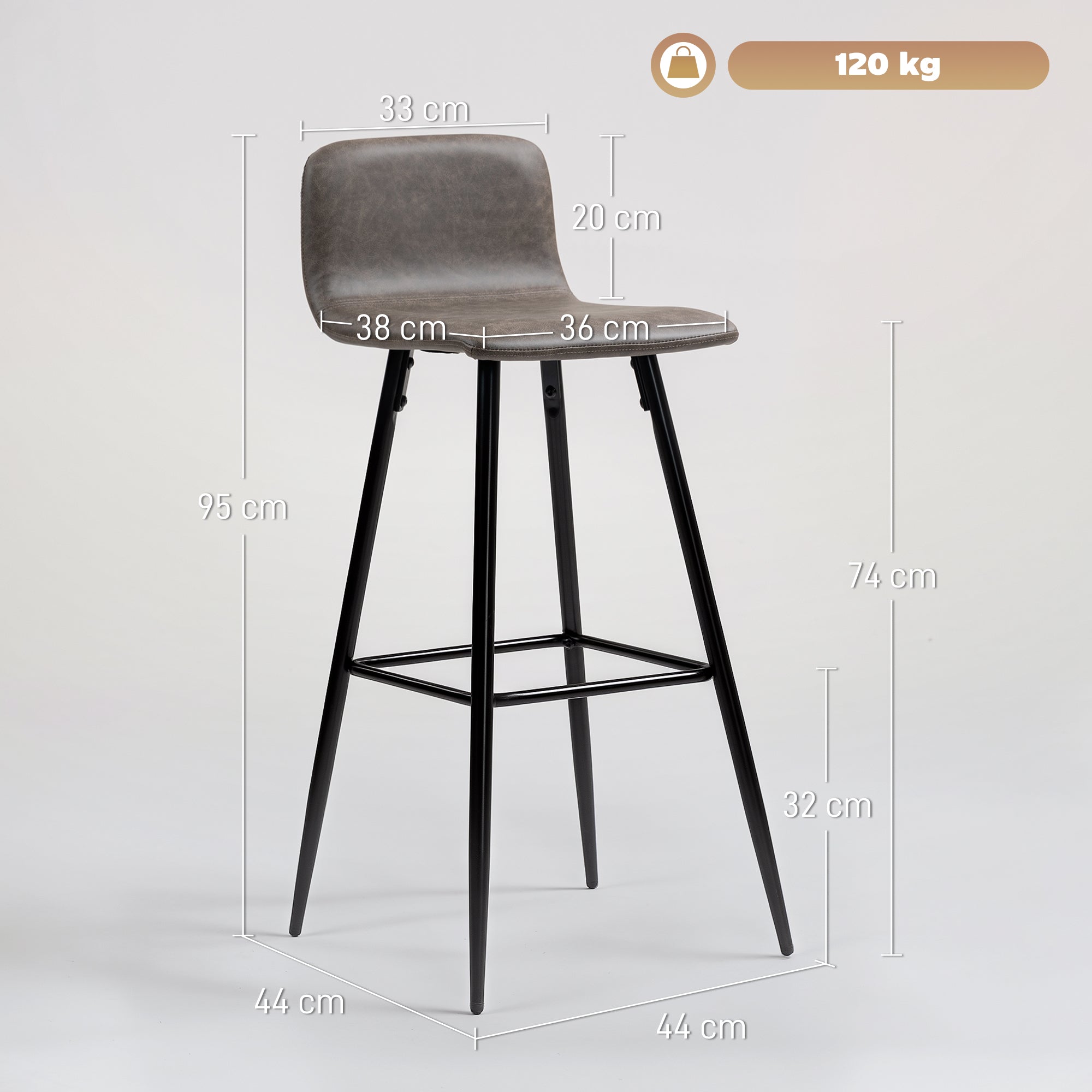 EasyComfort Set 2 Sgabelli Bar with Schienale Basso e Poggiapiedi, Rivestimento in PU e Gambe in Acciaio, Marrone Scuro