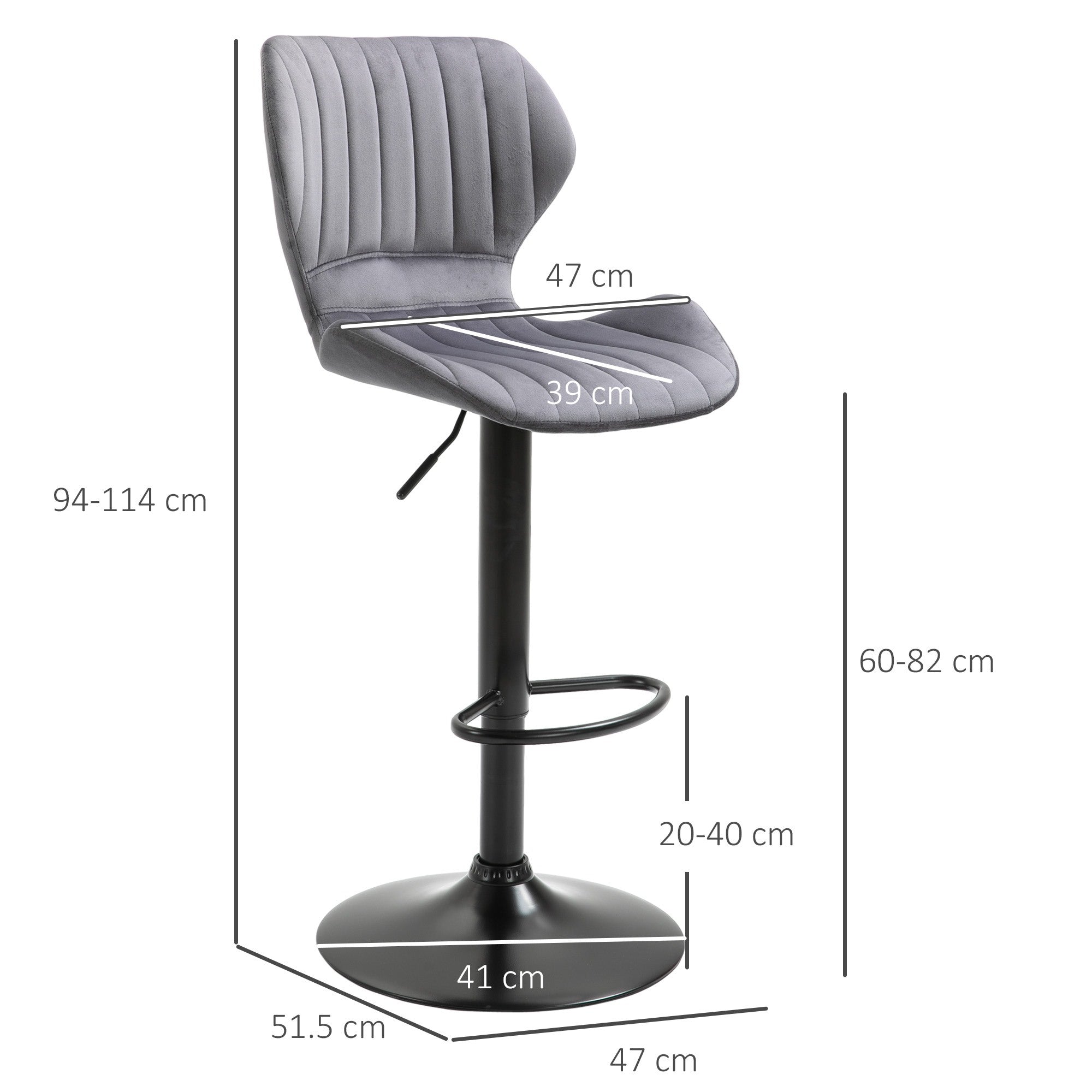 Easycomfort Set 2 Sgabelli da Bar ad Altezza Regolabile with Seduta Ergonomica e Poggiapiedi, Sgabelli Alti in Effetto Velluto e Metallo, 47x51.5x92-114 cm, Grigio