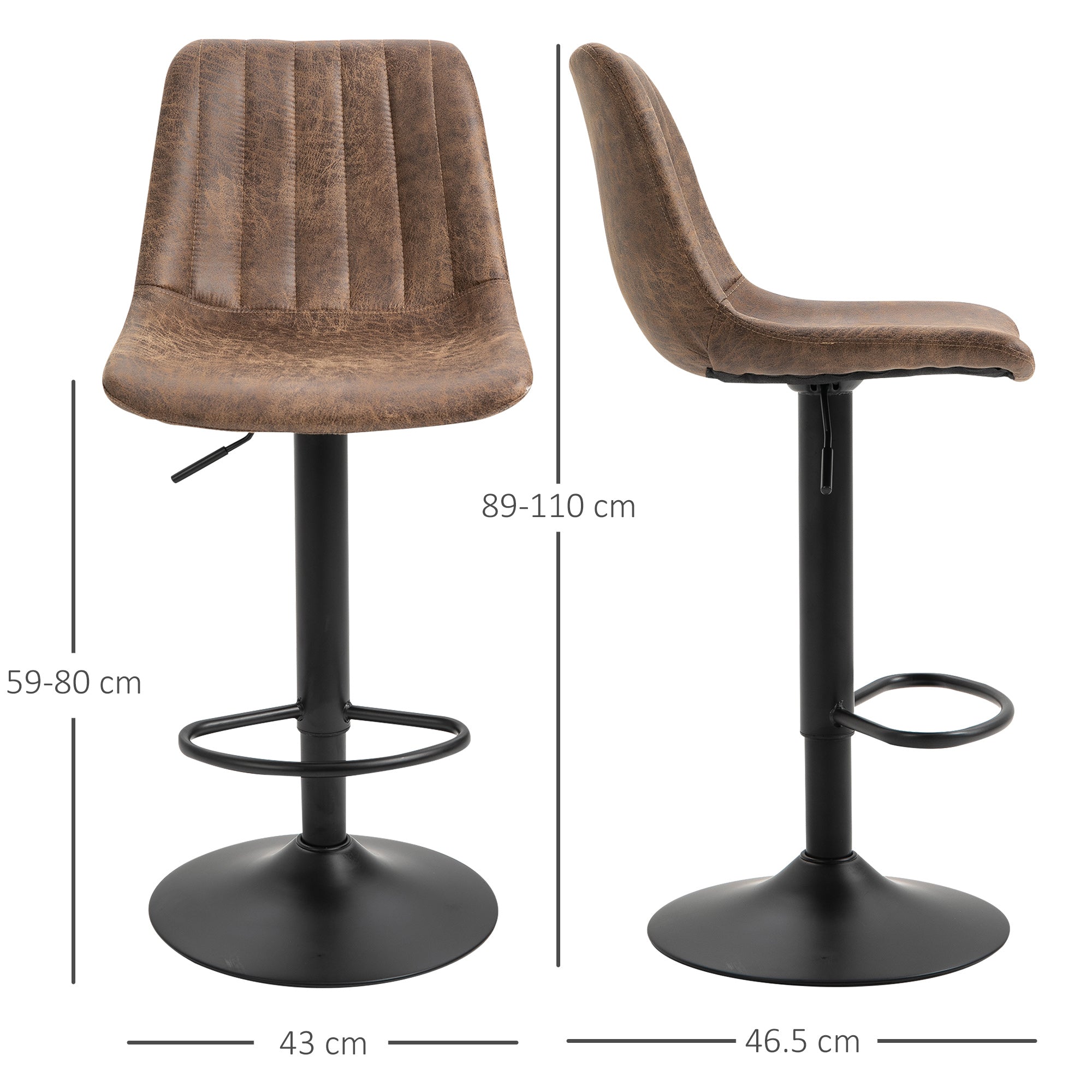 EasyComfort Set 2 Sgabelli Alti da Bar in Stile Industriale with Schienale, Poggiapiedi e Altezza Regolabile, Sedia in Microfibra, Marrone