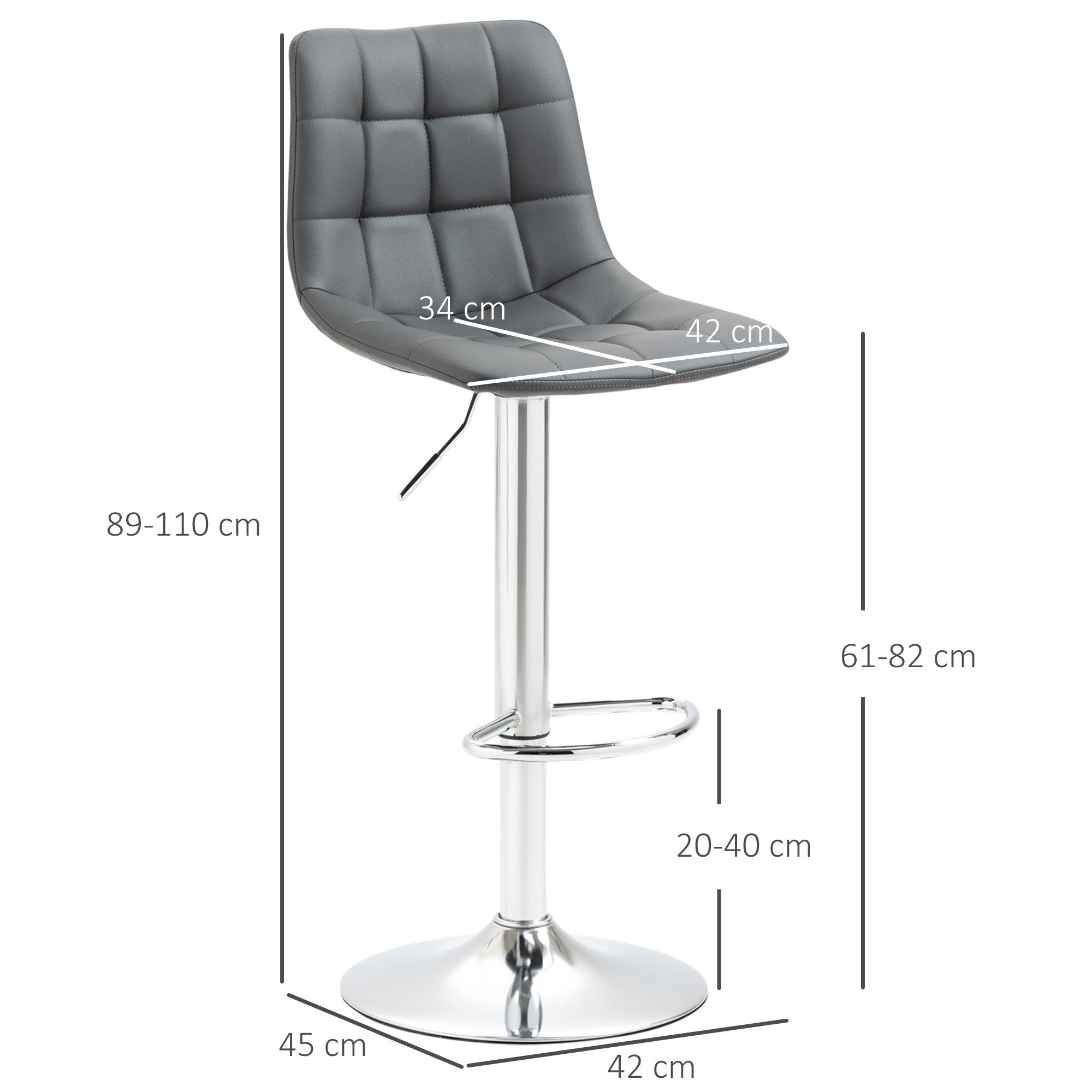 EasyComfort Set 2 Sgabelli Alti Moderno da Bar Girevoli with Schienale e Poggiapiedi, Sedia with Altezza regolabile, 42x45x89-110cm, Grigio