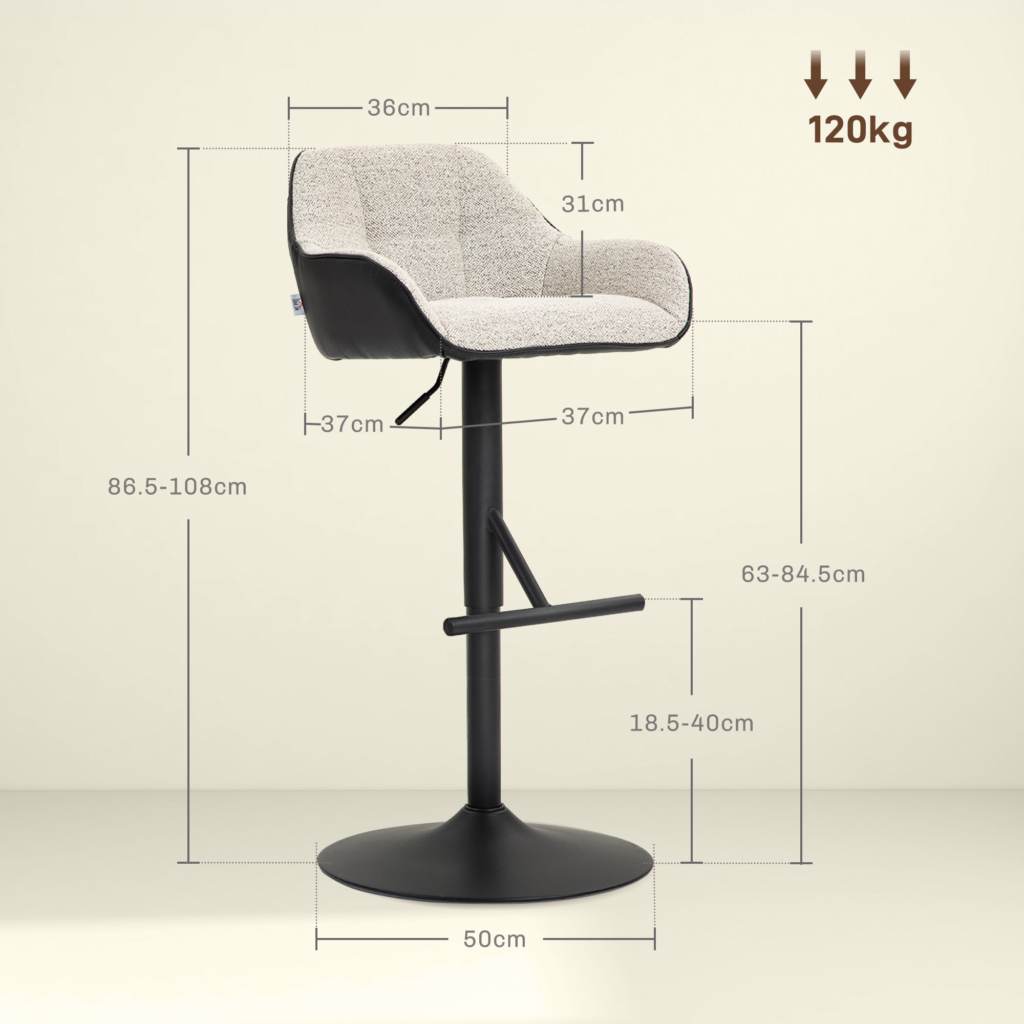 EasyComfort Set van 2 Barkrukken gestoffeerd, verstelbaar, lichtgrijs/zwart