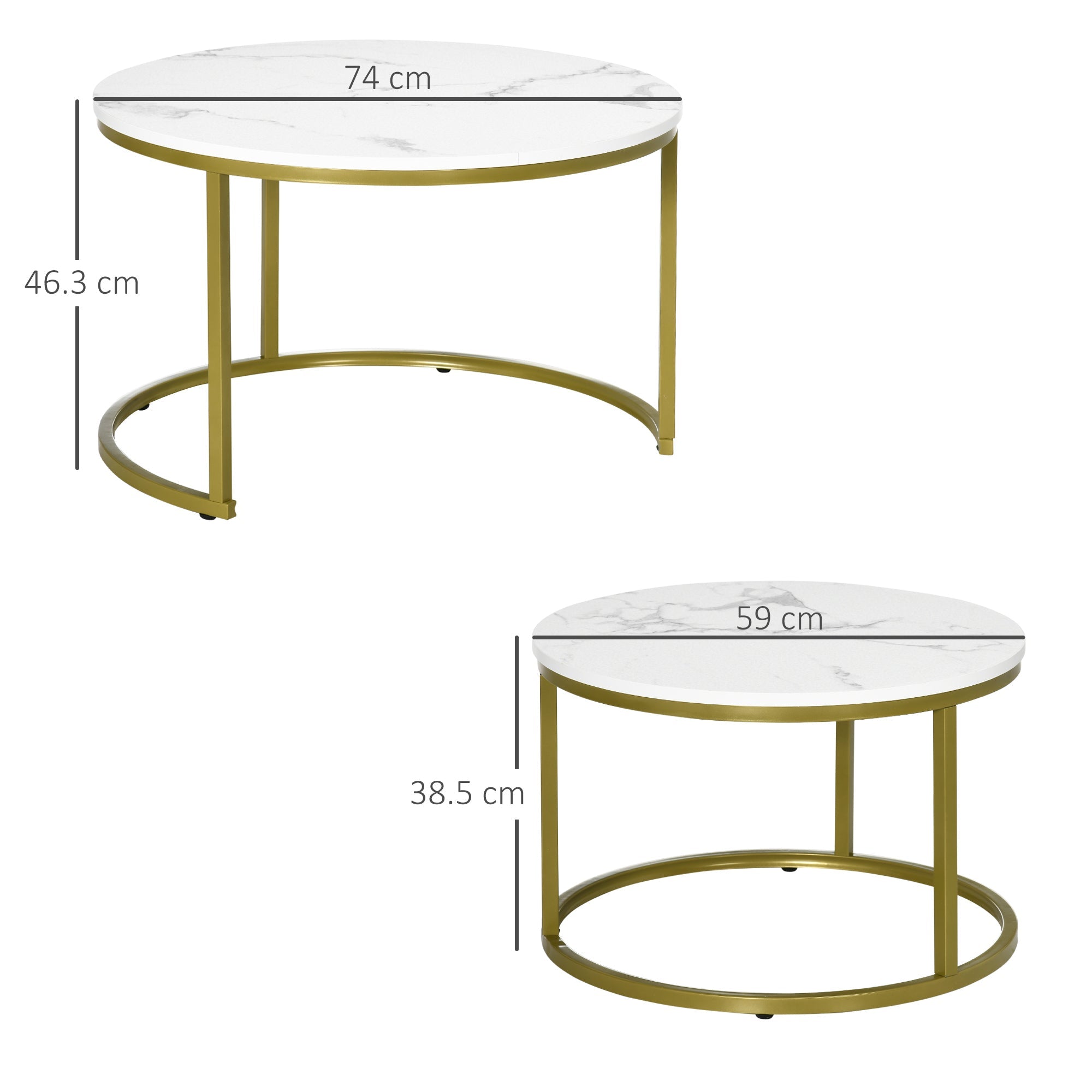 EasyComfort Set 2 Opstapelbare Ronde Bijzettafels Ø74x46.3 cm & Ø59x38.5 cm, wit en goud