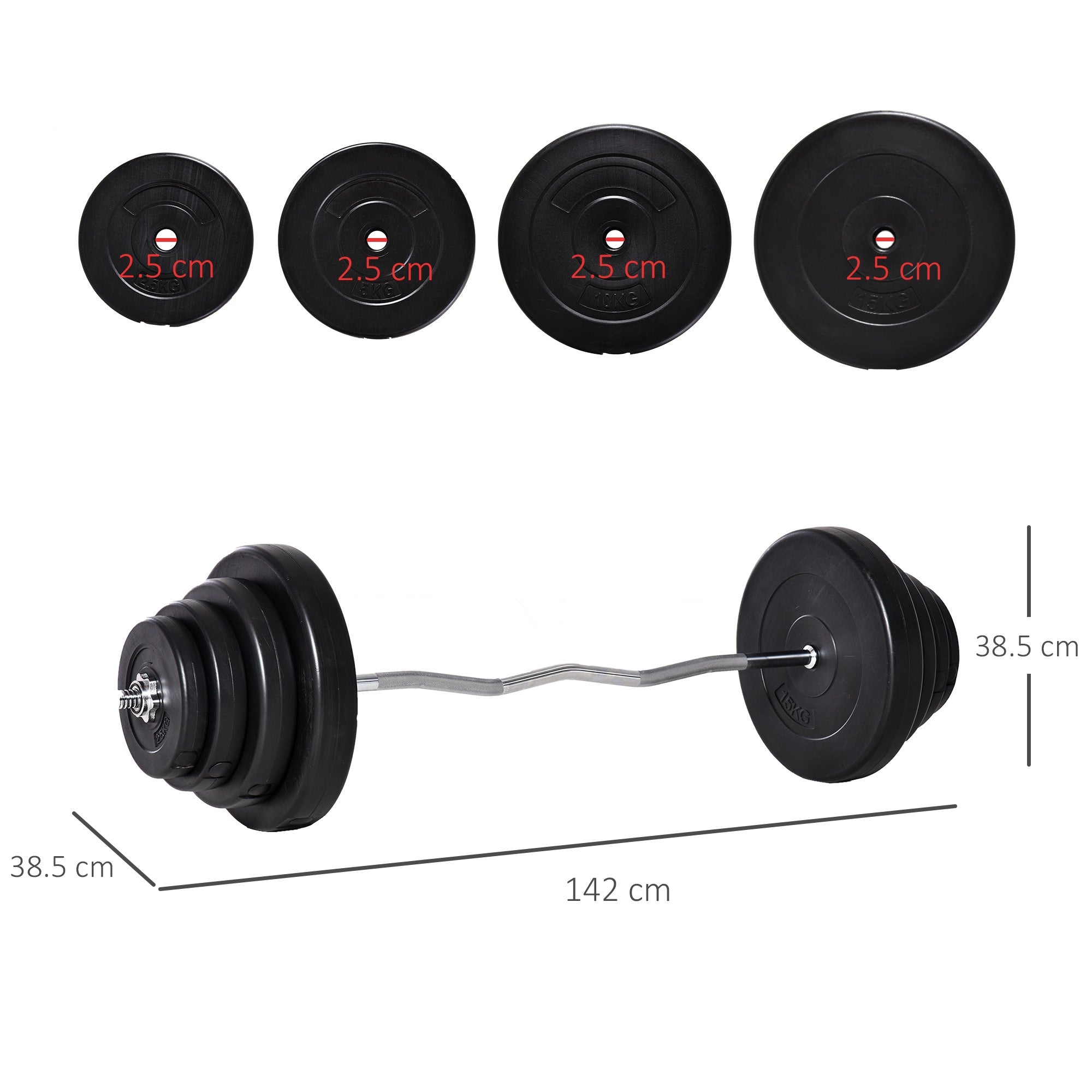 EASYCOMFORT Set Bilanciare da 70kg with 8 Dischi Pesi e Barra Curva in Acciaio, Allenamento a Casa e Palestra, 140x38.5x38.5cm