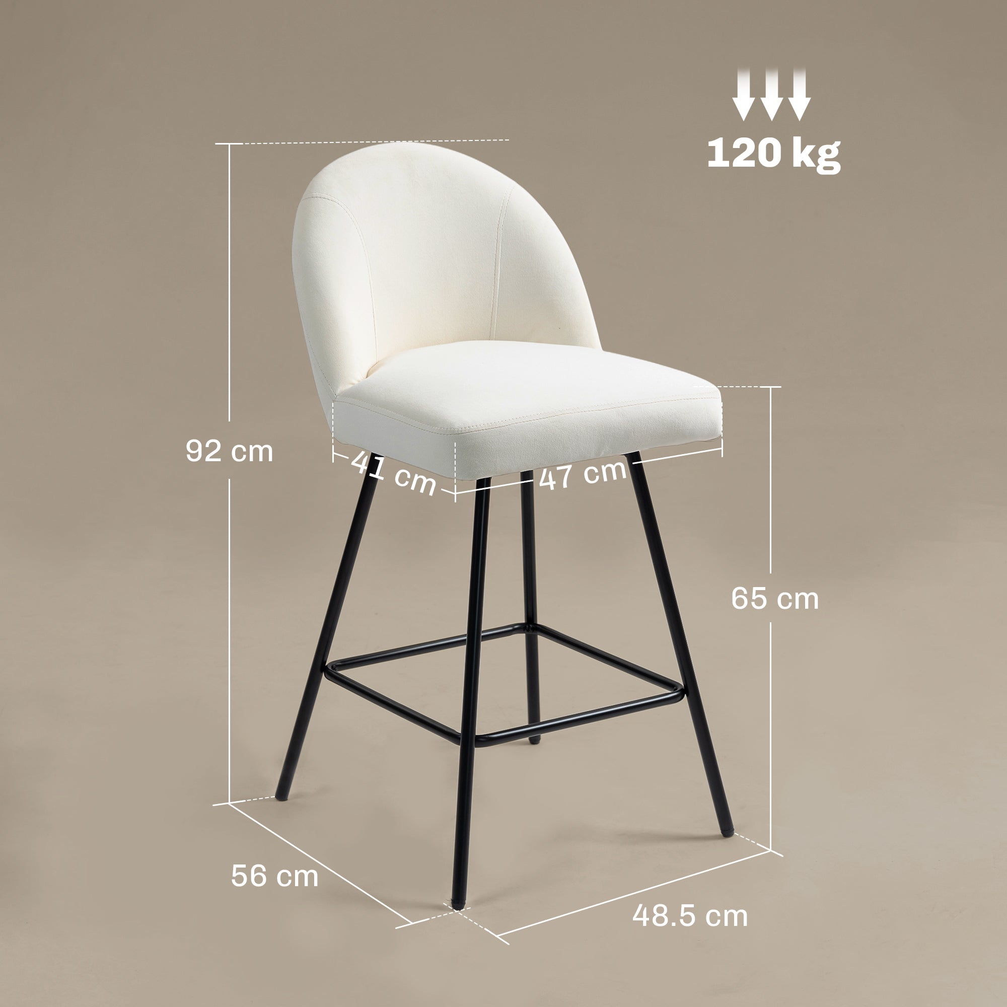 EasyComfort Set da 2 Sgabelli da Bar with Schienale in Velluto e Poggiapiedi in Acciaio, white Crema