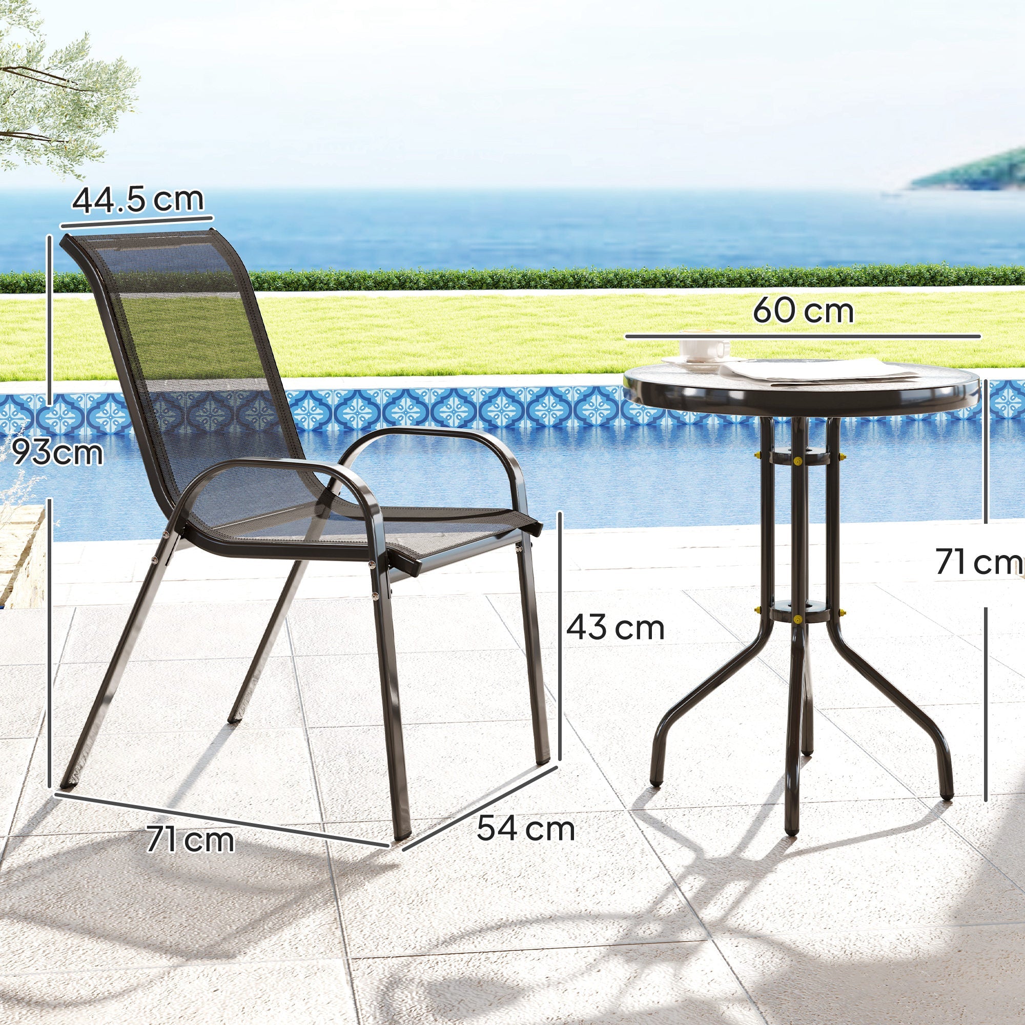 EasyComfort Set da Giardino 3 Pezzi with 2 Sedie da Giardino 54x71x93 cm e Tavolino Rotondo Ø60x71 cm in Acciaio black