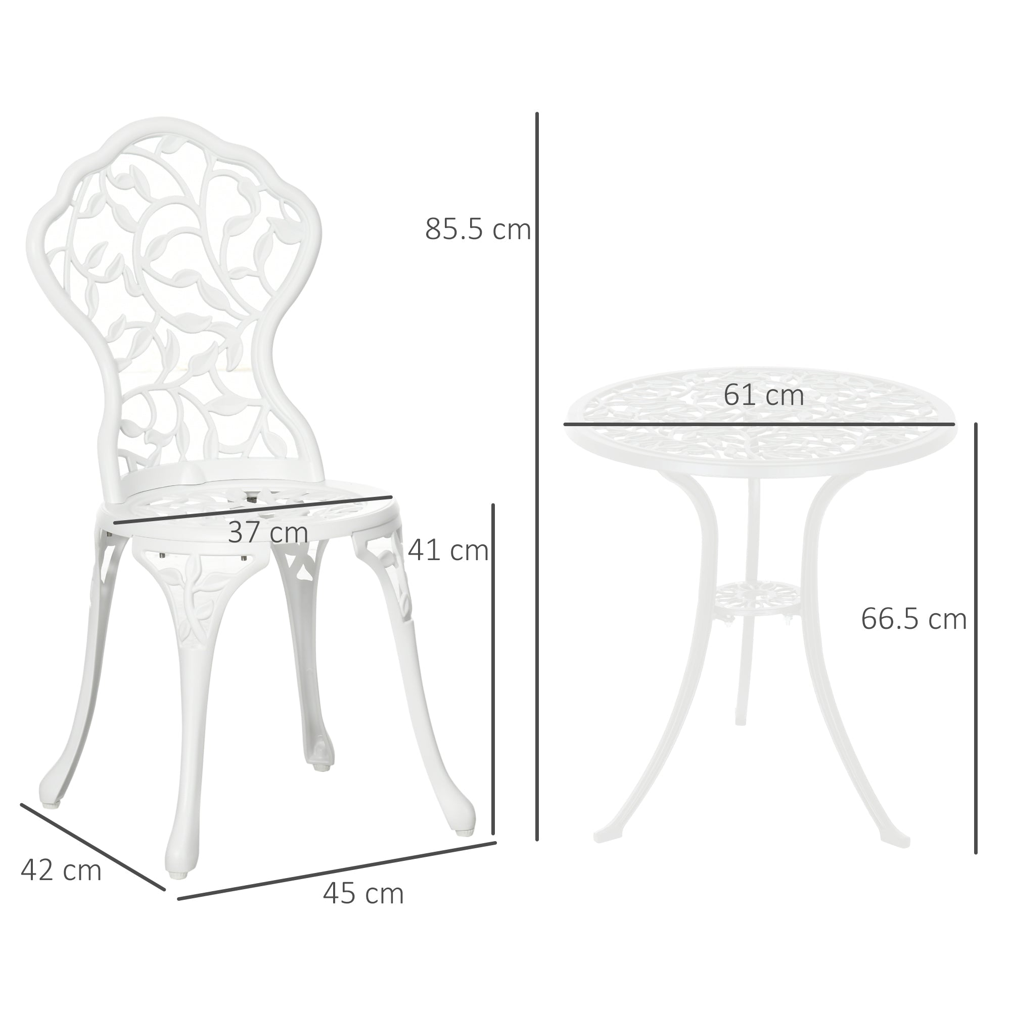 Easycomfort Set da Giardino 3 Pezzi in Alluminio white, 2 Sedie da Esterno 45x42x85.5 cm e Tavolino Rotondo Ø61x66.5 cm
