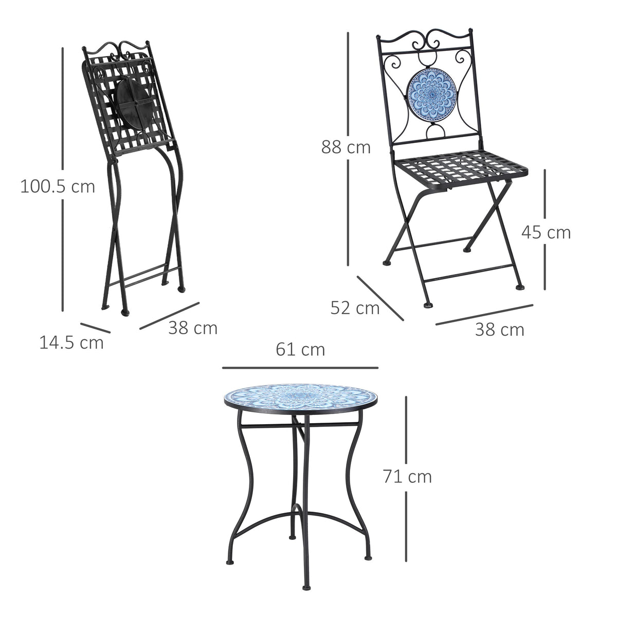 EasyComfort 3-delige tuinset – bijzettafel + 2 opvouwbare stoelen, blauw