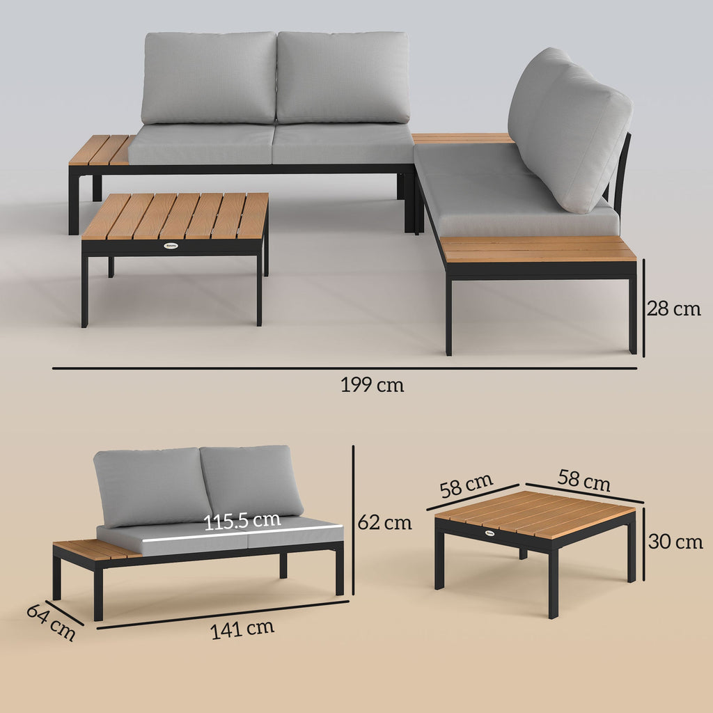 EasyComfort Tuinset 4-delig — 2 tweezitsbanken & 2 bijzettafels (teak/lichtgrijs/zwart)