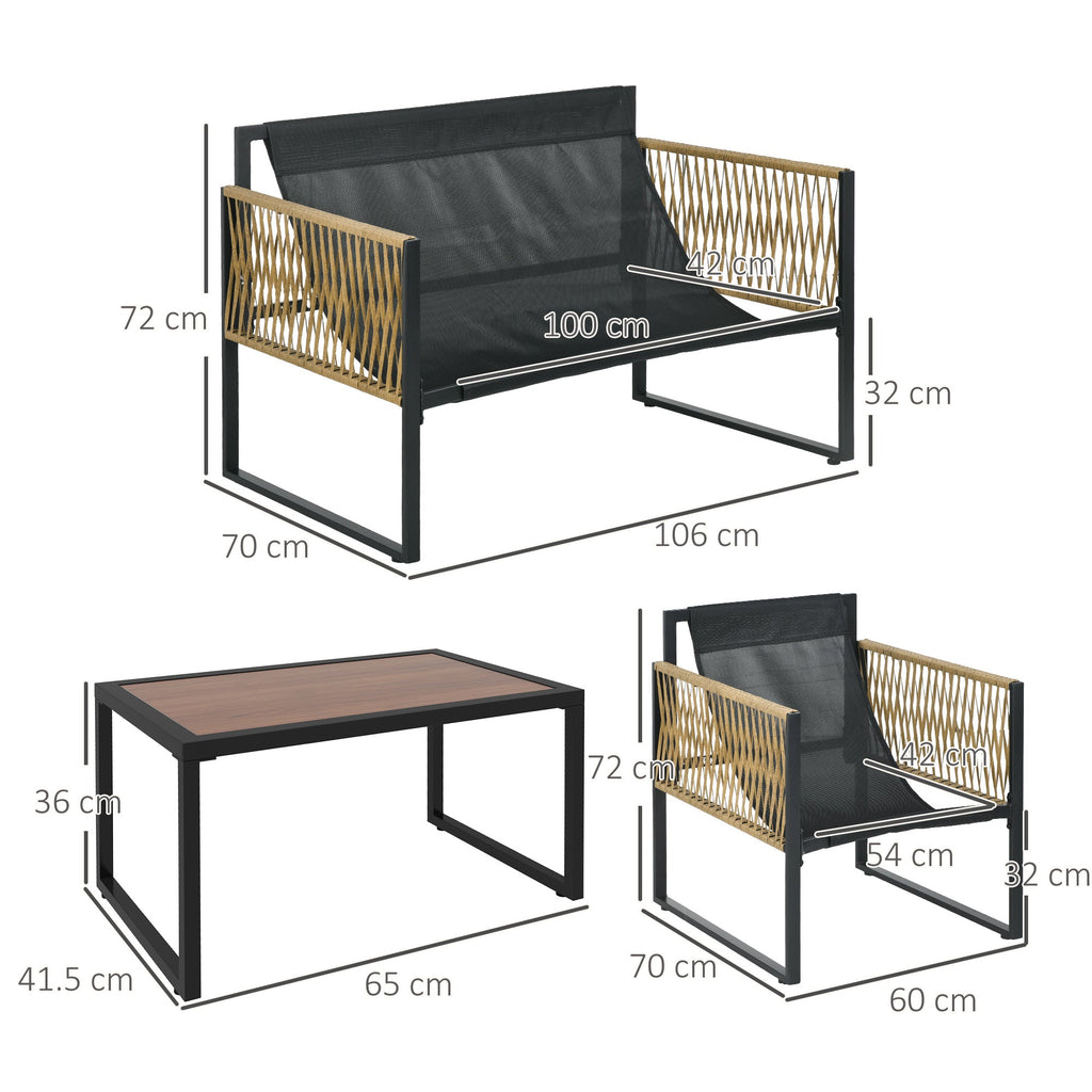 EasyComfort 4-delig PE-rattan tuinset – twee-zitsbank, 2 stoelen en salontafel, grijs/bruin