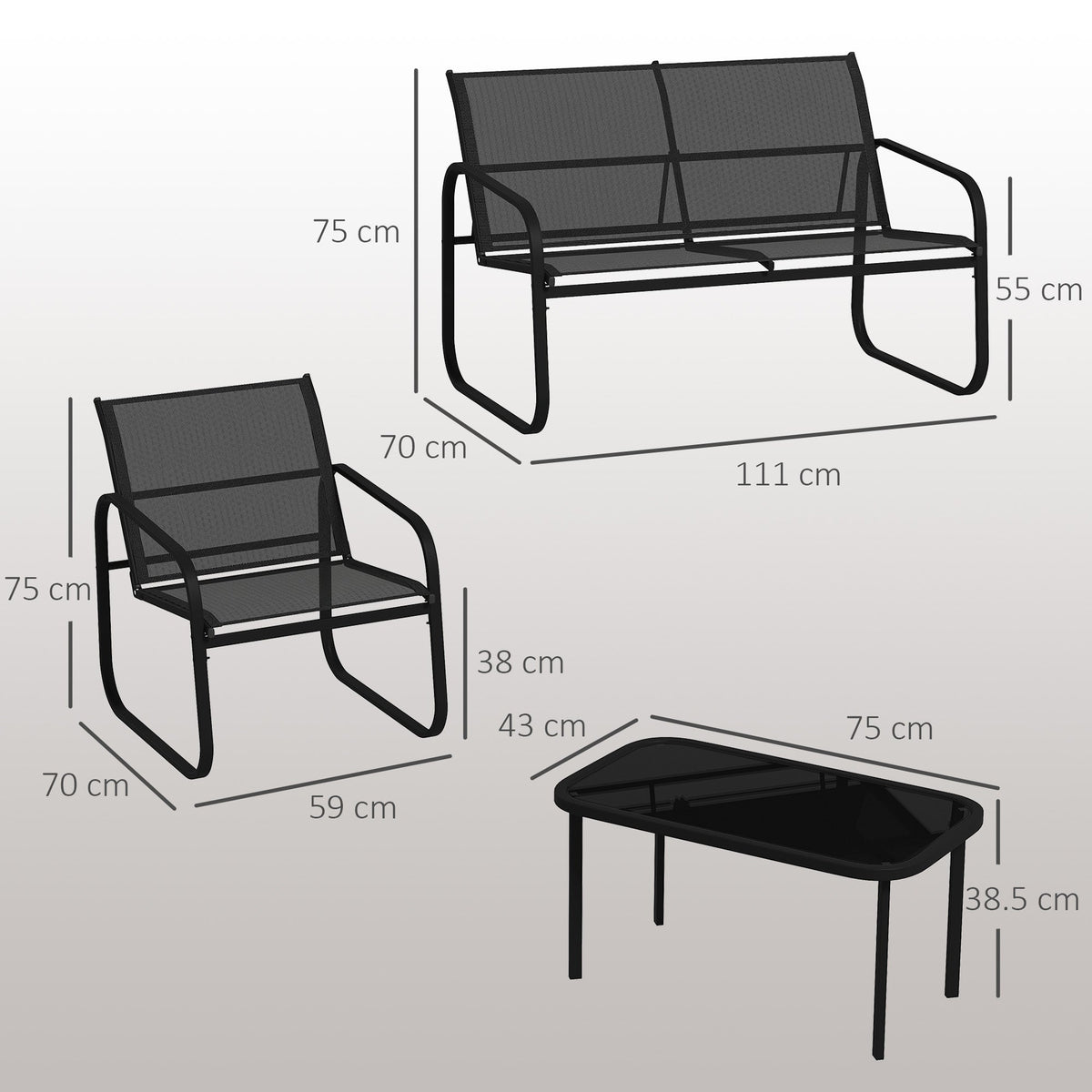 EasyComfort Tuinset 6-delig (2x 2-zits, 2 fauteuils, salontafel) zwart