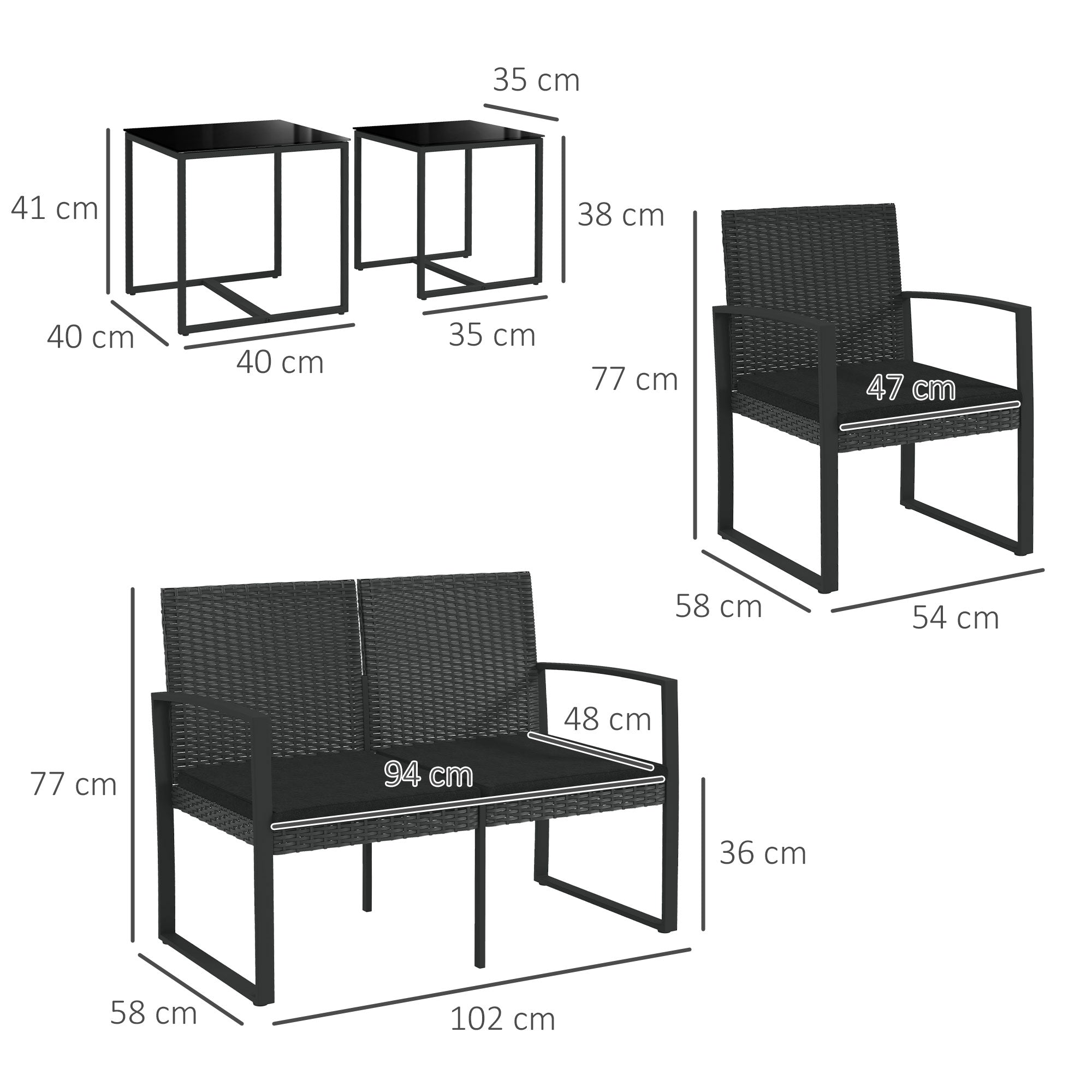EasyComfort Tuinset 5-delig zwart (2 stoelen, 2-zits bank)
