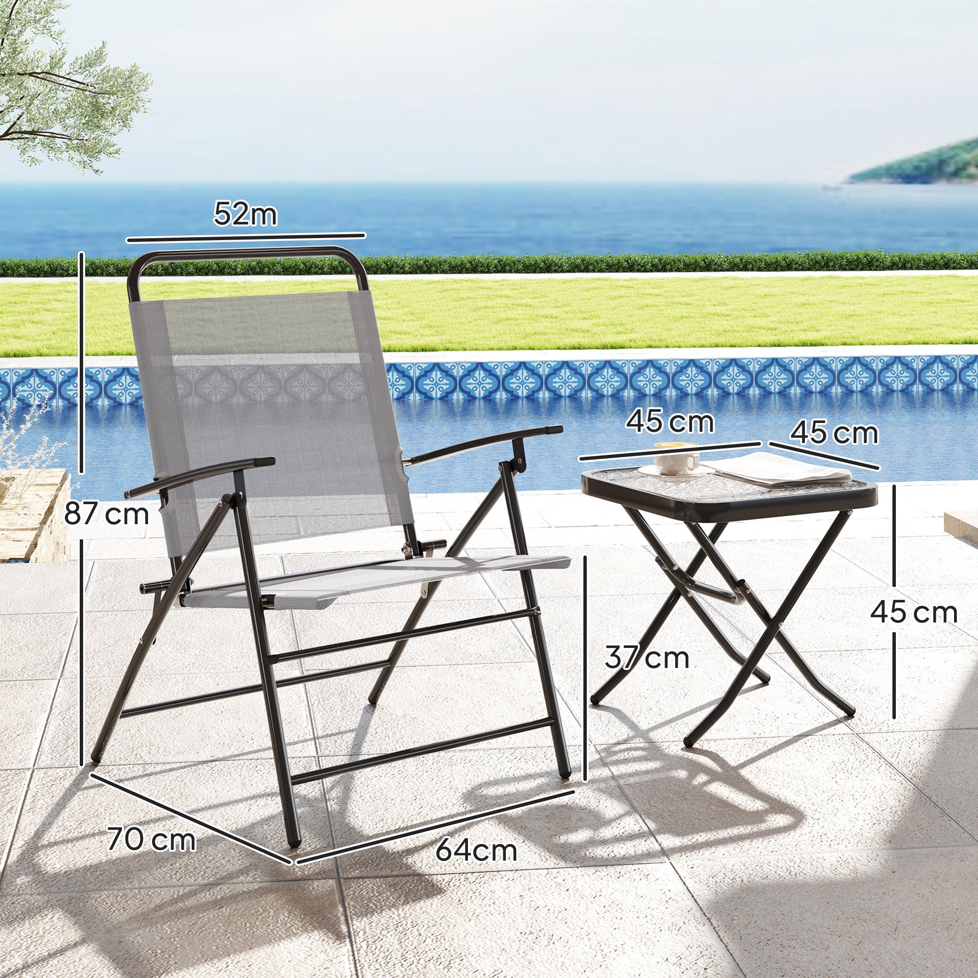 EasyComfort Set da Giardino with Tavolo with Piano in Vetro e 2 Sedie Pieghevoli with Schienale Regolabile, Grigio