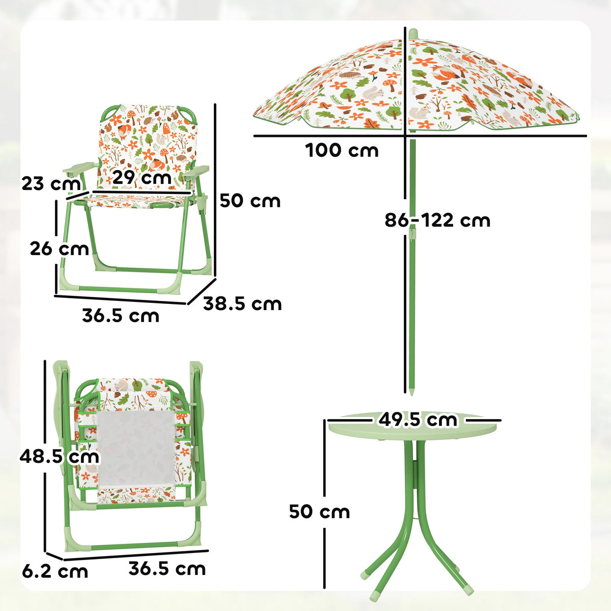 EasyComfort tuinset kinderen 2–5 jaar, ronde tafel, 2 inklapbare stoelen & parasol, groen