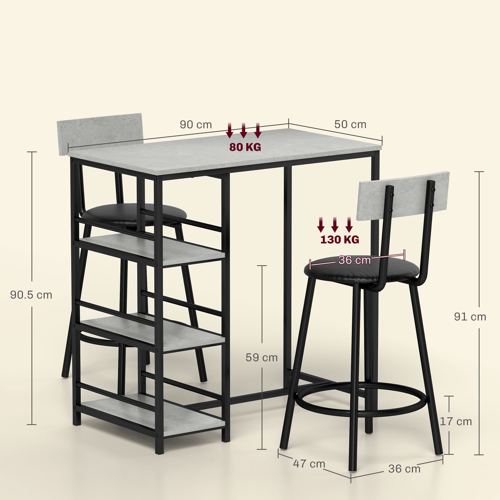EasyComfort 3-delige eetset bartafel met 2 barkrukken, lichtgrijs