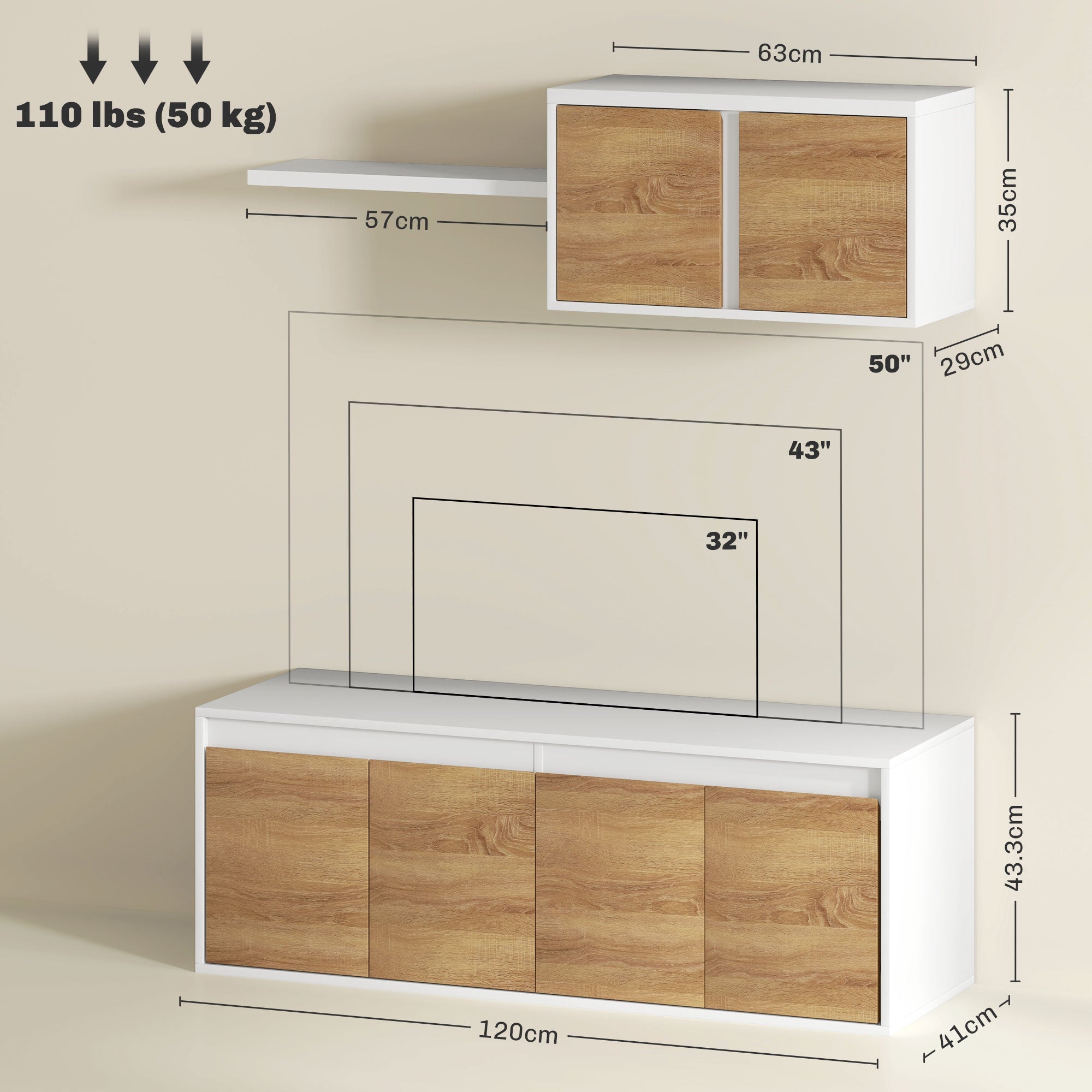EasyComfort set TV-meubel en wandkast 120x41x43.3 cm, wit/hout
