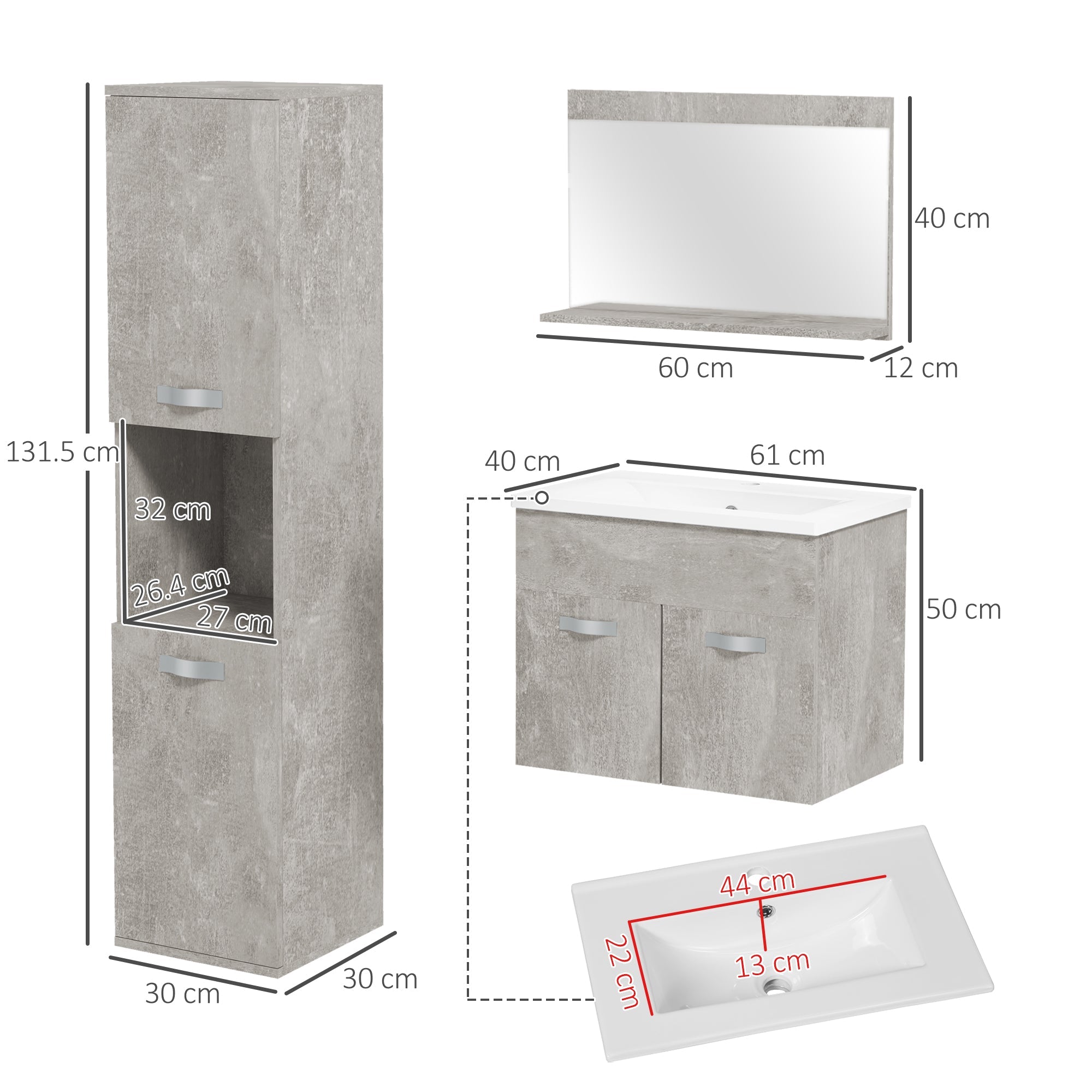 EasyComfort Badkamermeubelset 4-delig met wastafel 60 cm, grijs