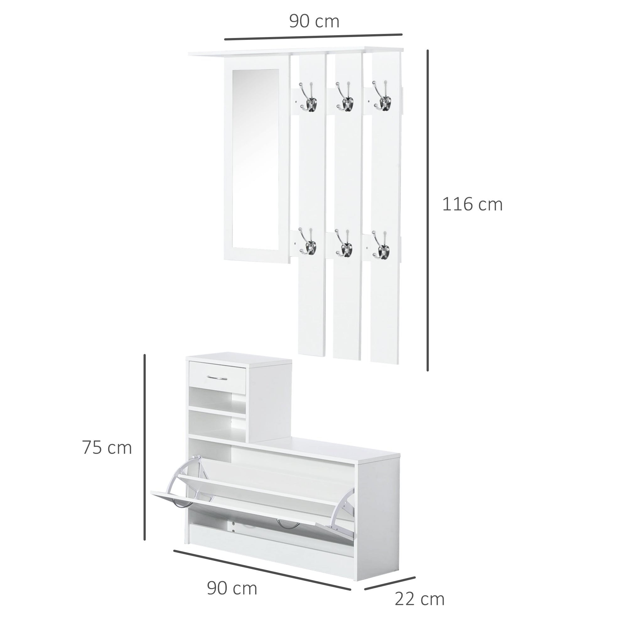 Easycomfort Set Mobili Ingresso Moderno with Scarpiera e Specchio, Appendiabiti da Ingresso with 6 Ganci, 2 Ripiani Regolabili e Cassetti in Legno per Corridoio, 90x24x177 cm, white