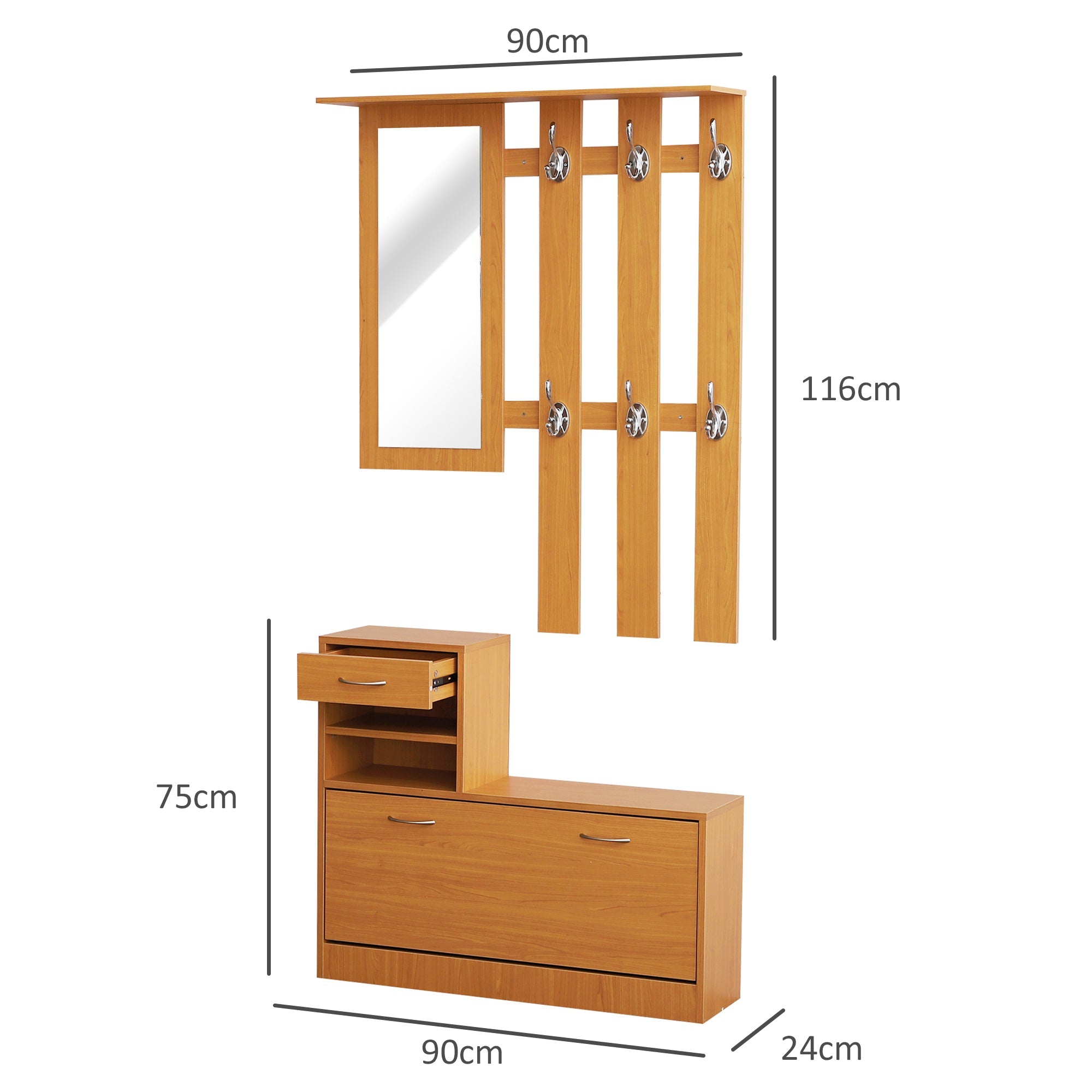Easycomfort Set Mobili Ingresso Moderno with Scarpiera e Specchio, Appendiabiti da Ingresso with 6 Ganci, 2 Ripiani Regolabili e Cassetti in Legno per Corridoio, 90x24x177 cm, Legno