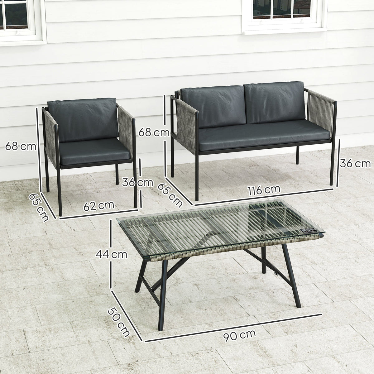 EasyComfort 4‑zits rattan loungeset met glazen tafel, grijs