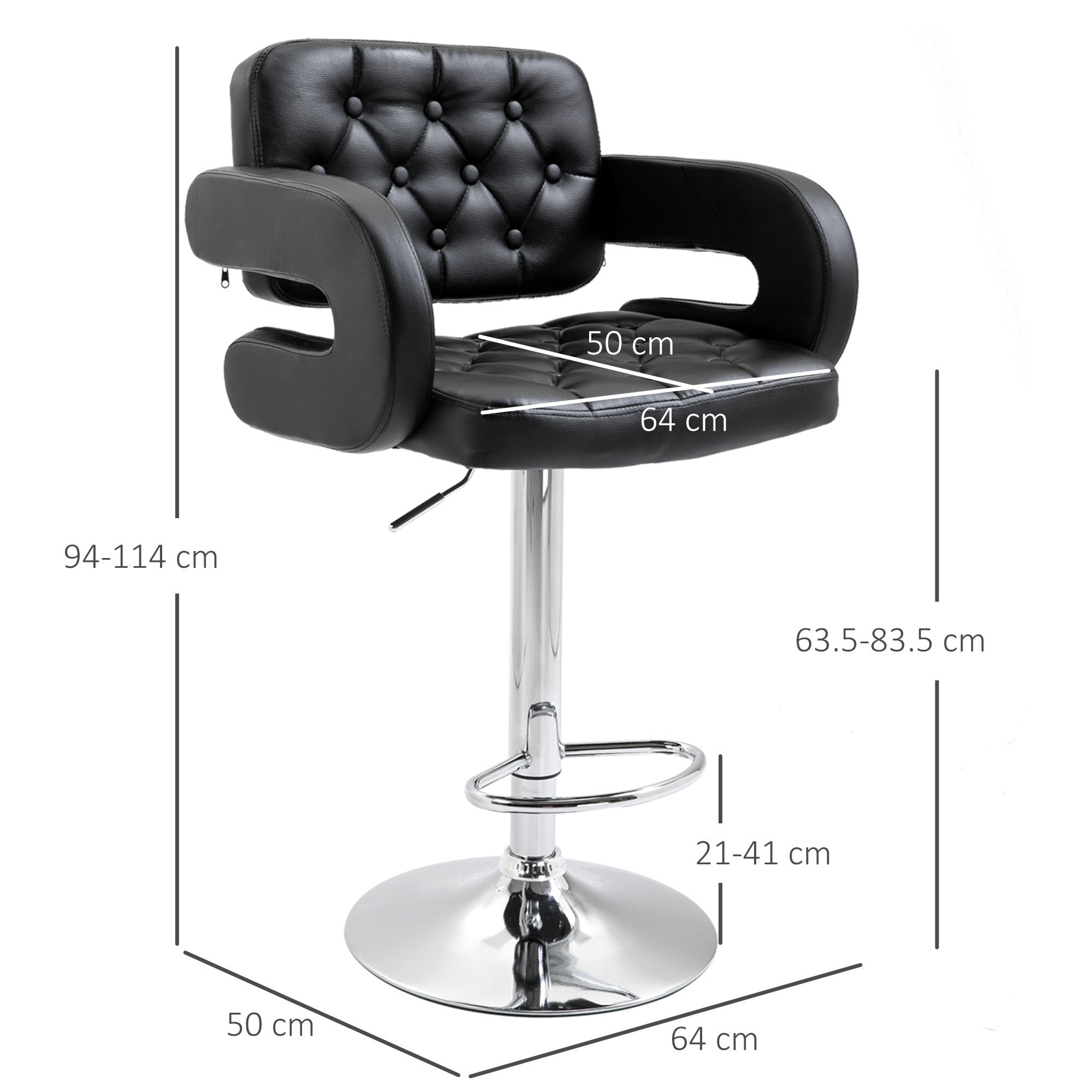 EasyComfort Barkruk met Rugleuning en Armleuningen, Zwart kunstleer, 63.5-83.5 cm