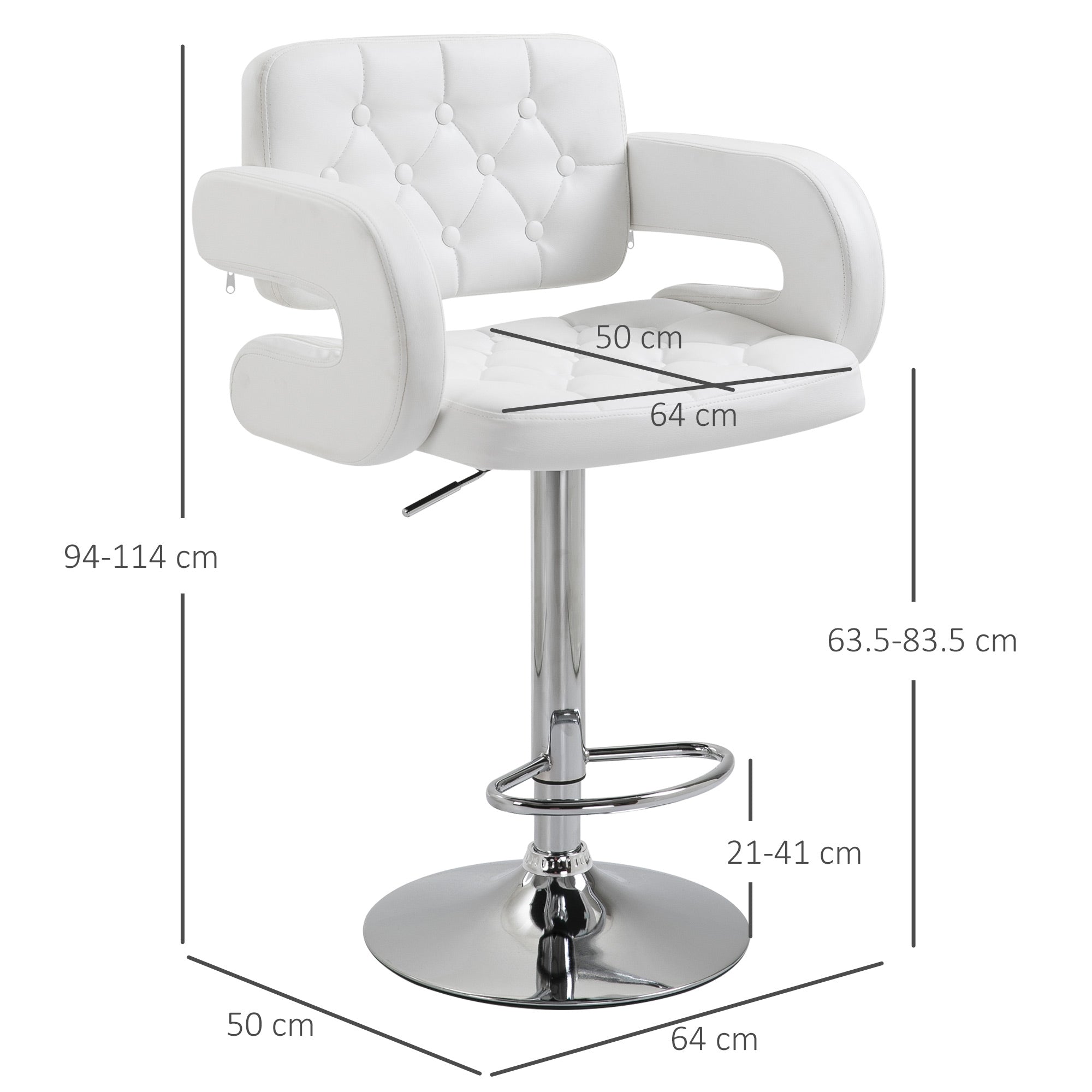 EasyComfort Sgabello Alto Moderno da Bar with Schienale e Braccioli, Regolabile e Girevole, per Cucina o Pub, 64x50x94-114cm, Bianca