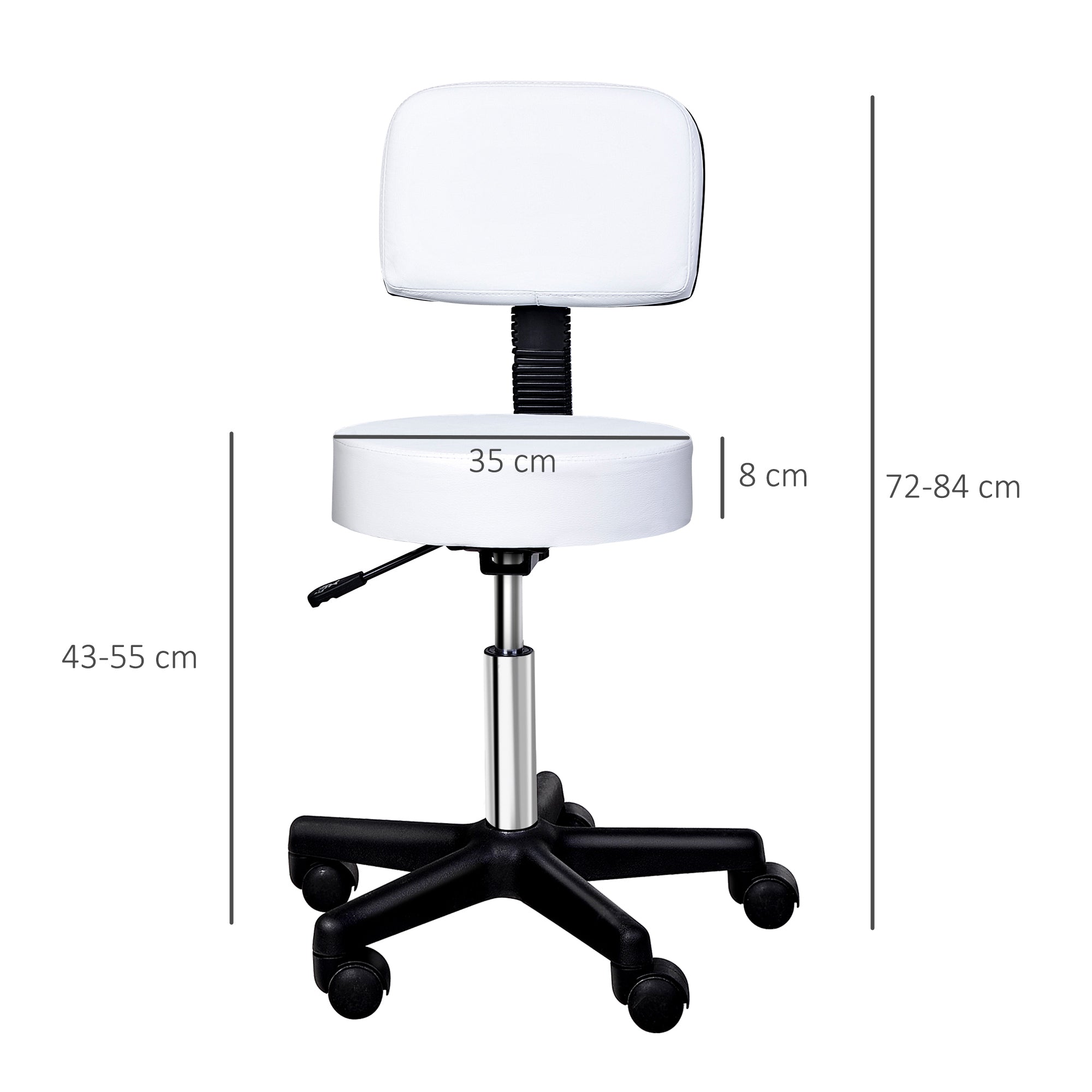 Easycomfort Sgabello Girevole with Schienale, Altezza Regolabile e 5 Ruote in pelle PU Bianca per Casa o Negozio