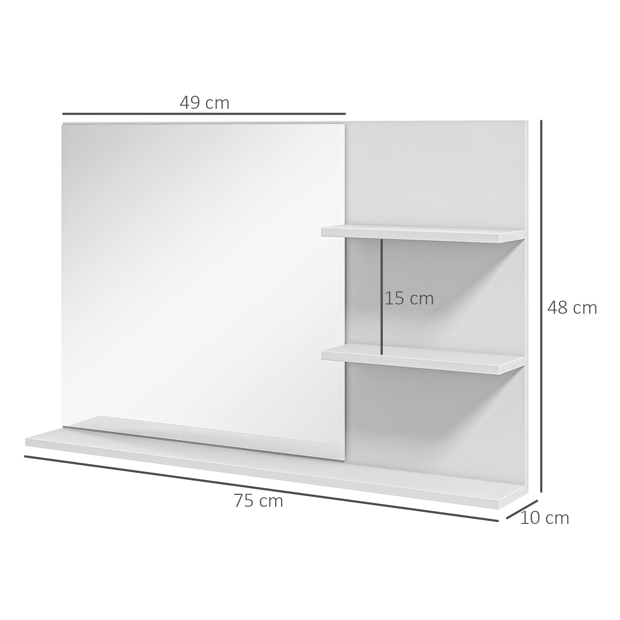 EasyComfort Badkamerspiegel met 2 zijplanken en onderplank, MDF & glas, 75x10x48 cm, wit
